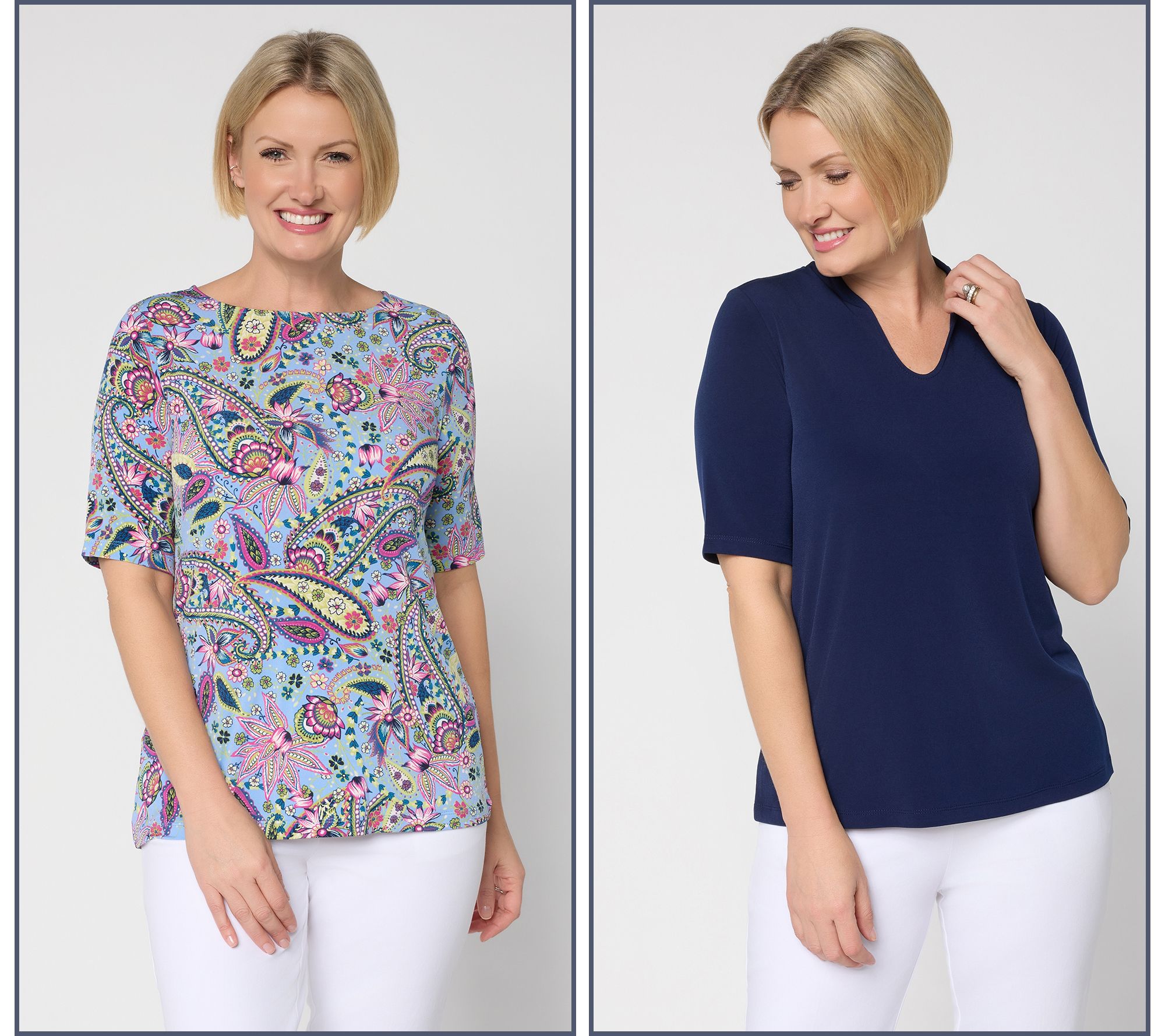 "As Is" Susan Graver Petite Set of 2 Print & Solid Liquid Knit Tops