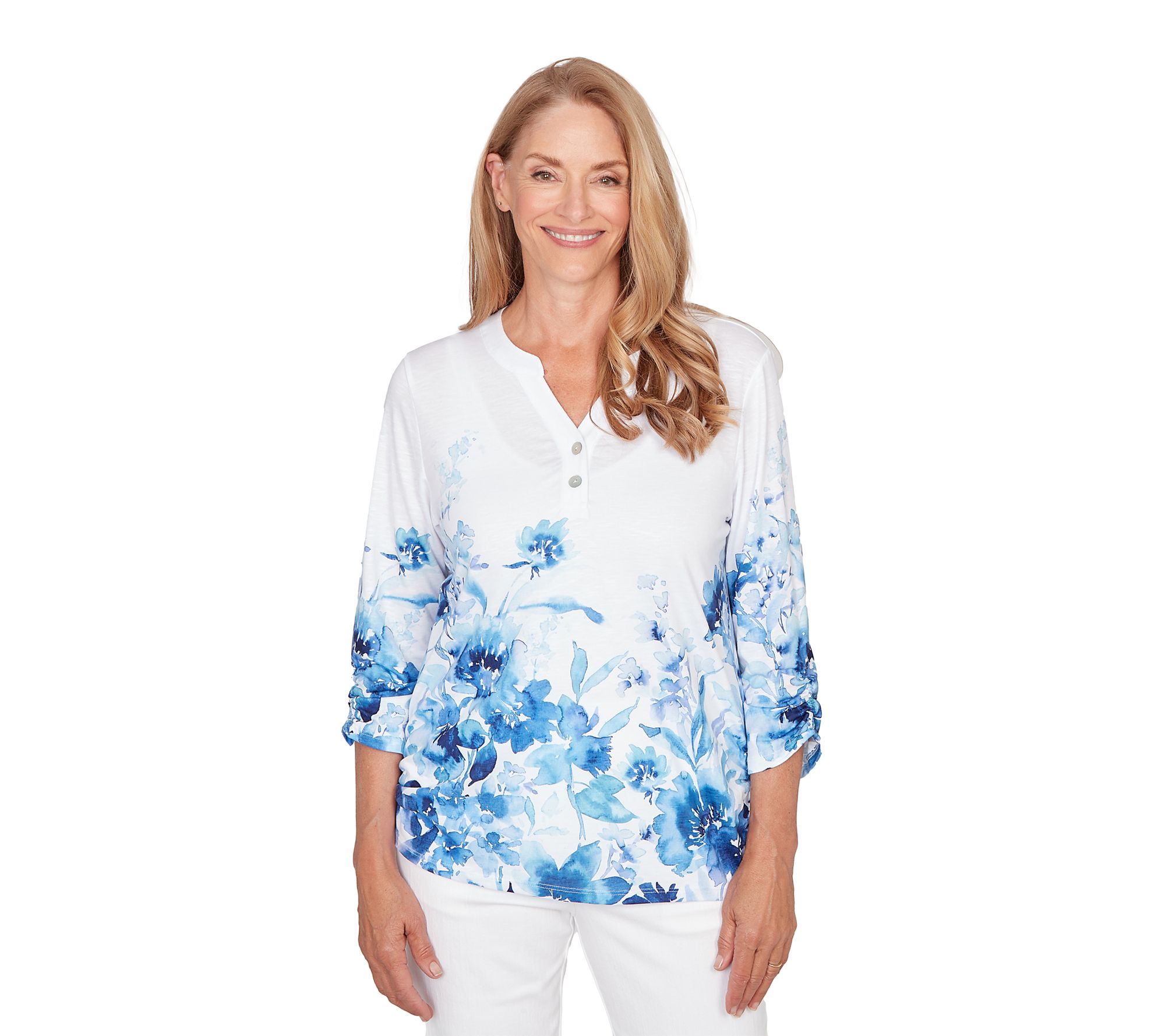 Alfred Dunner Petite Watercolor Floral Border Henley Top