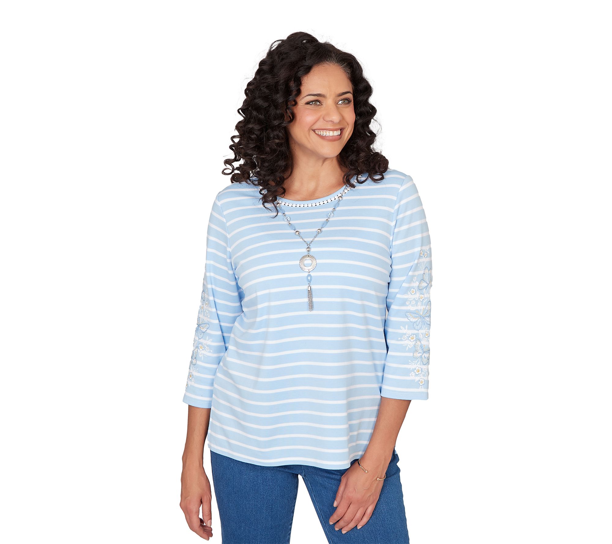  Alfred Dunner Women's Striped Embroidered Sleeve Top