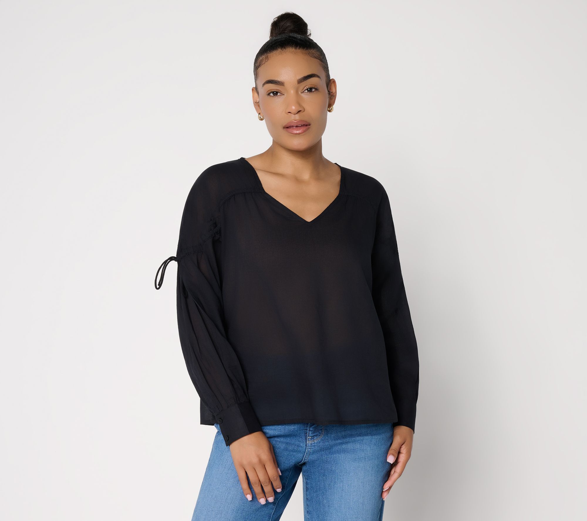 "As Is" Peace Love World Gathered Sleeve V-Neck Blouse