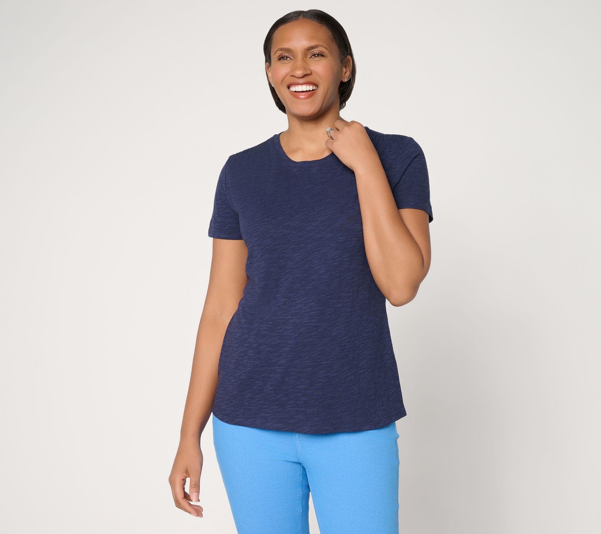 "As Is" Denim & Co. Essentials Linen Blend Top with Smocking Detail