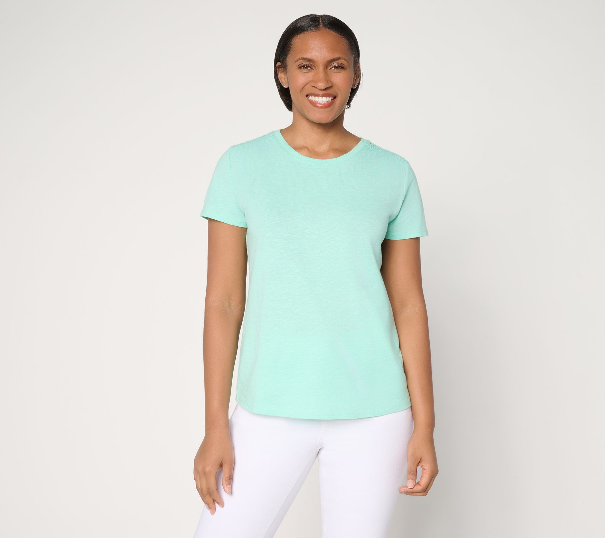 "As Is" Denim & Co. Essentials Linen Blend Top with Smocking Detail