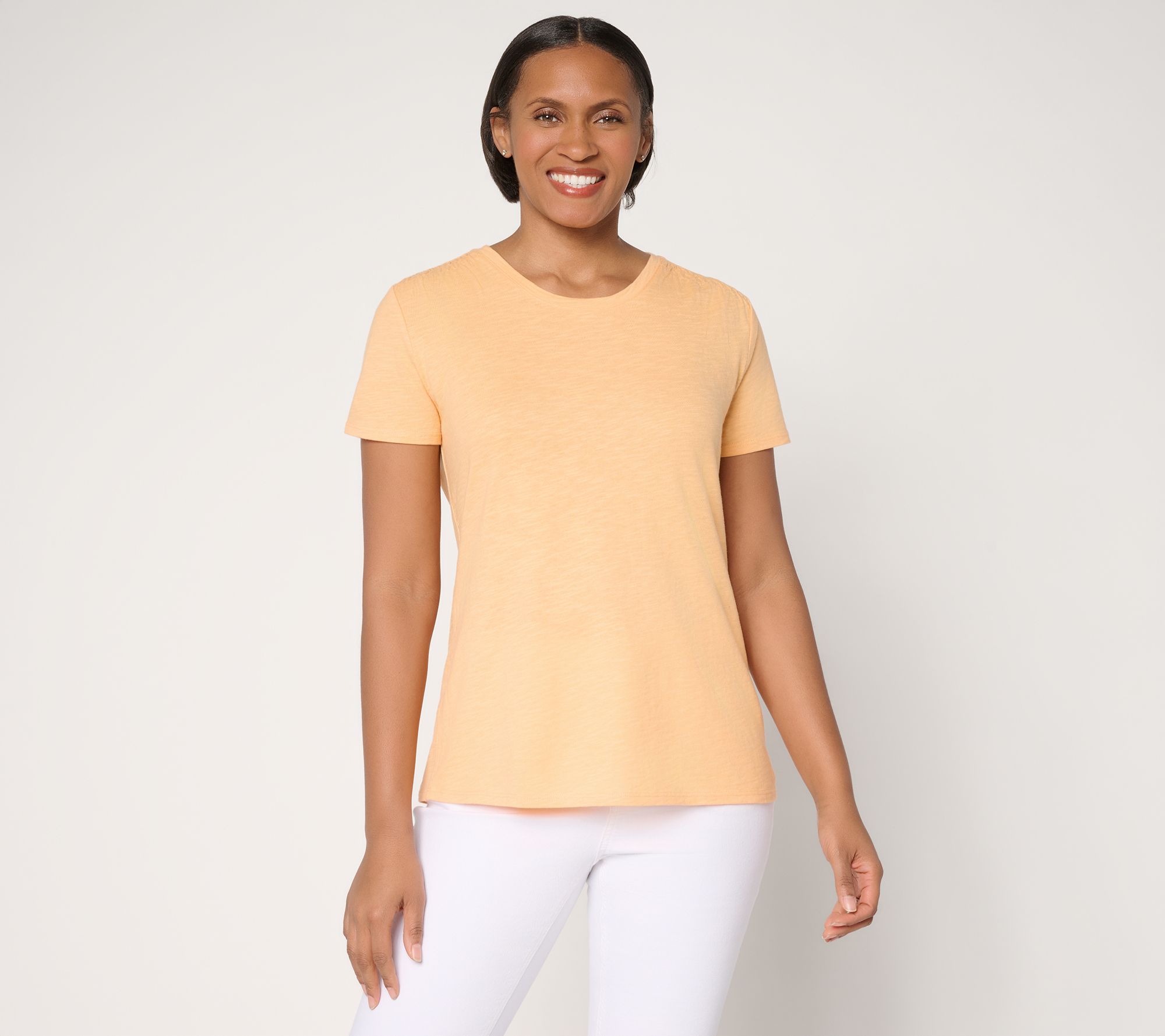 "As Is" Denim & Co. Essentials Linen Blend Top with Smocking Detail