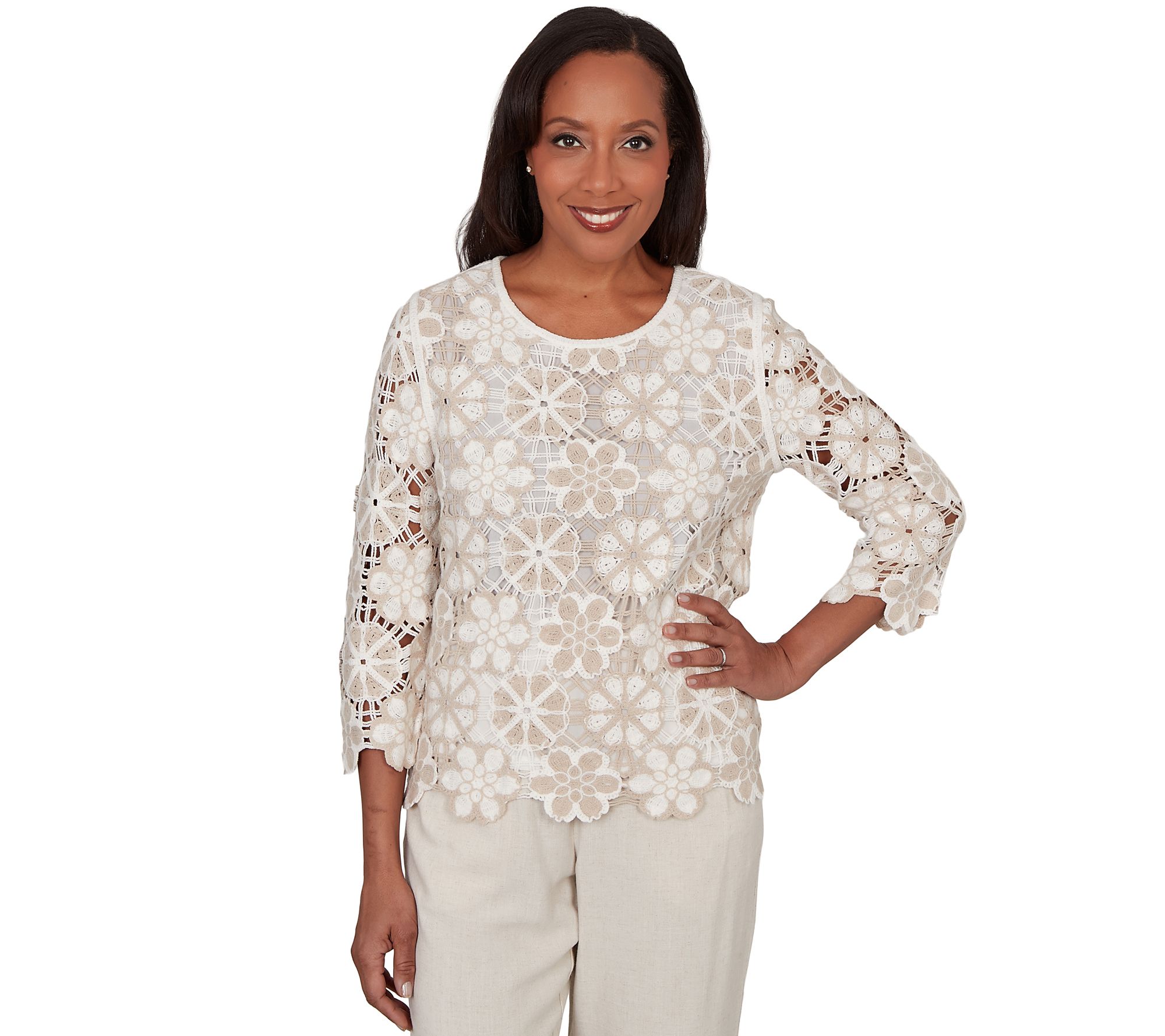 Alfred Dunner Women's Floral Crochet 3/4-SleeveTop