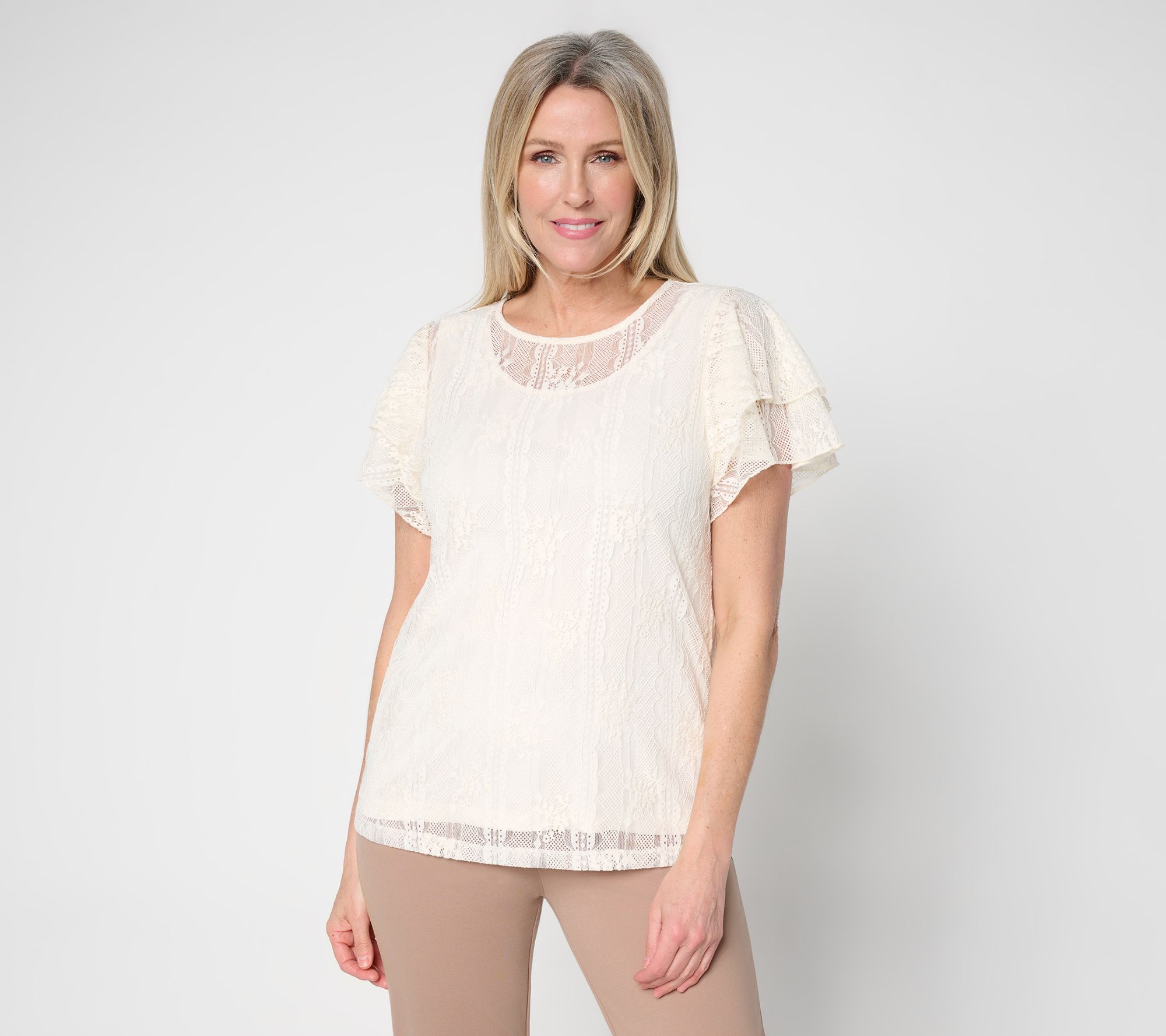 "As Is" Susan Graver Lace Flutter Sleeve Scoop Neck Top with Camisole