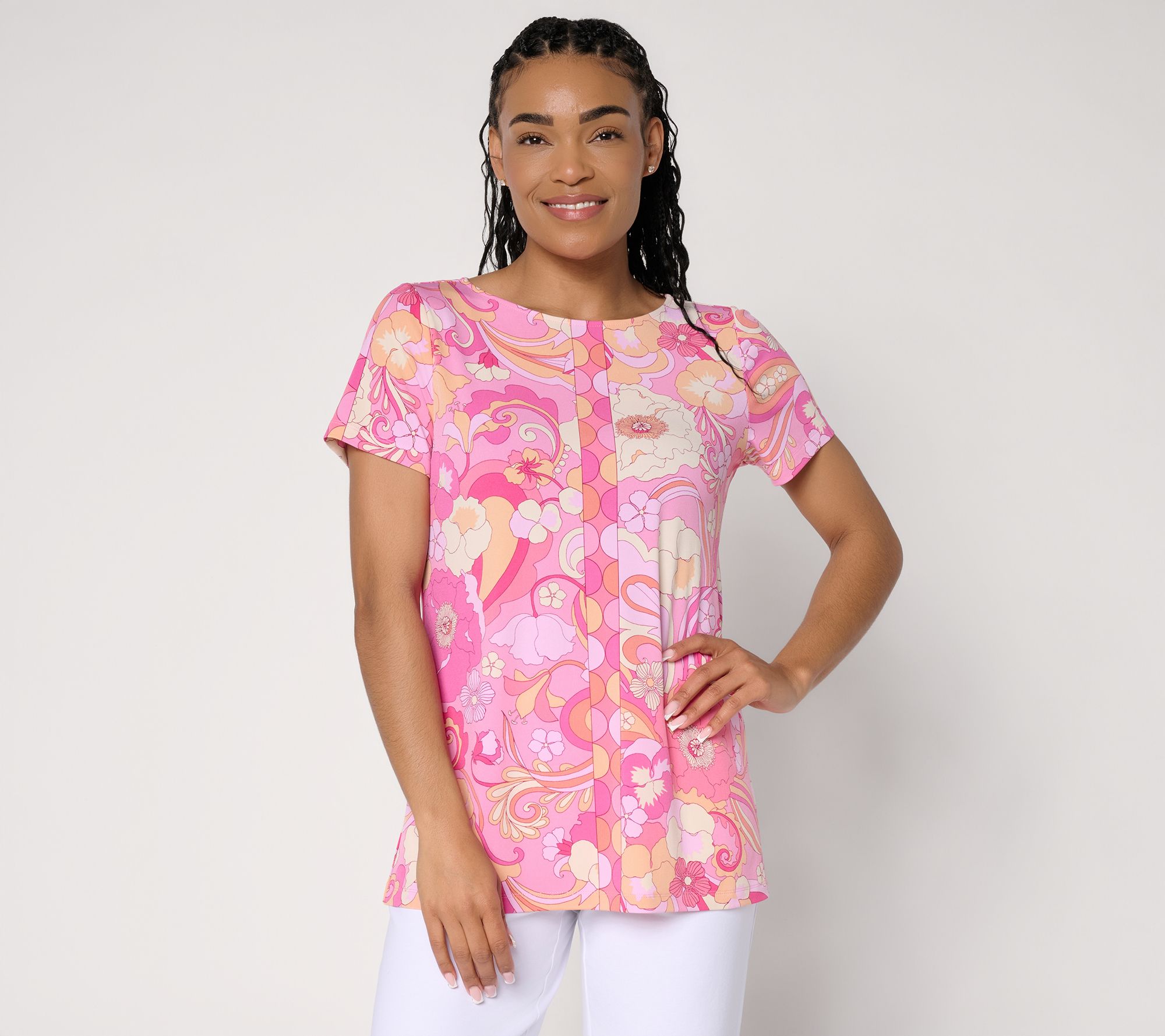 "As Is" Susan Graver Petite Printed Liquid Knit Short Sleeve Tunic