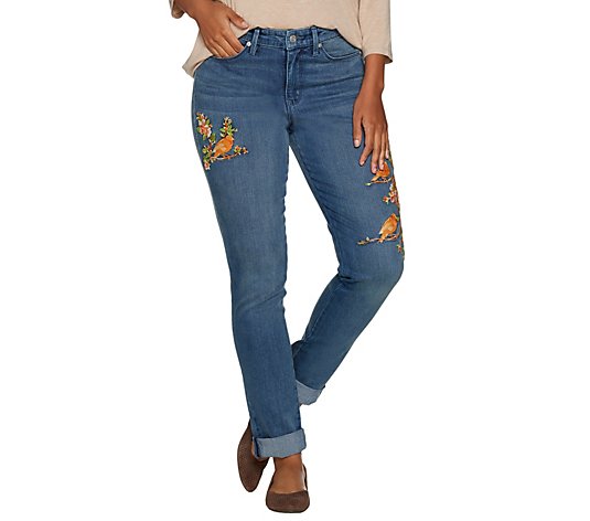 "As Is" Martha Stewart Canary Embroidered Girlfriend Jeans
