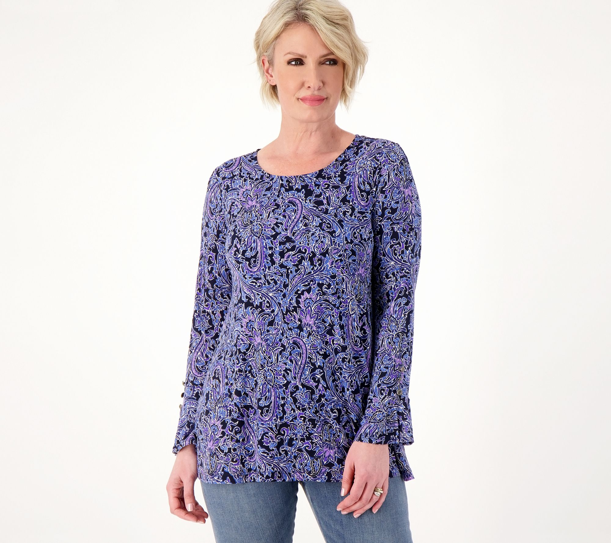 Susan Graver Printed Liquid Knit Jewel-Neck A-Line Tunic - QVC.com