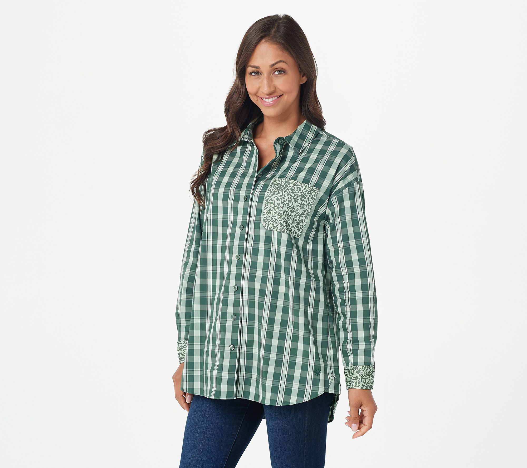 Isaac Mizrahi Live! Window Pane Plaid Poplin Shirt w/ Patch Pocket