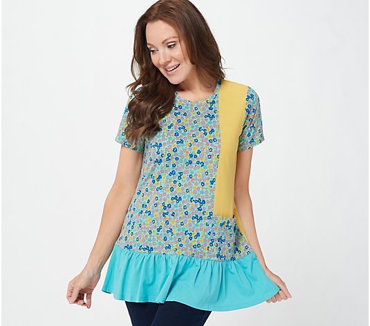 LOGO by Lori Goldstein Short Sleeve Patchwork Tunic Top
