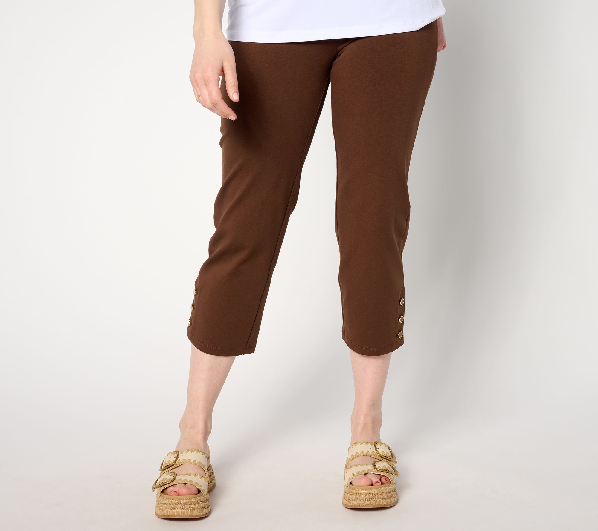 Susan Graver Weekend Petite Premium Stretch Crop Pants with BUtton Detail