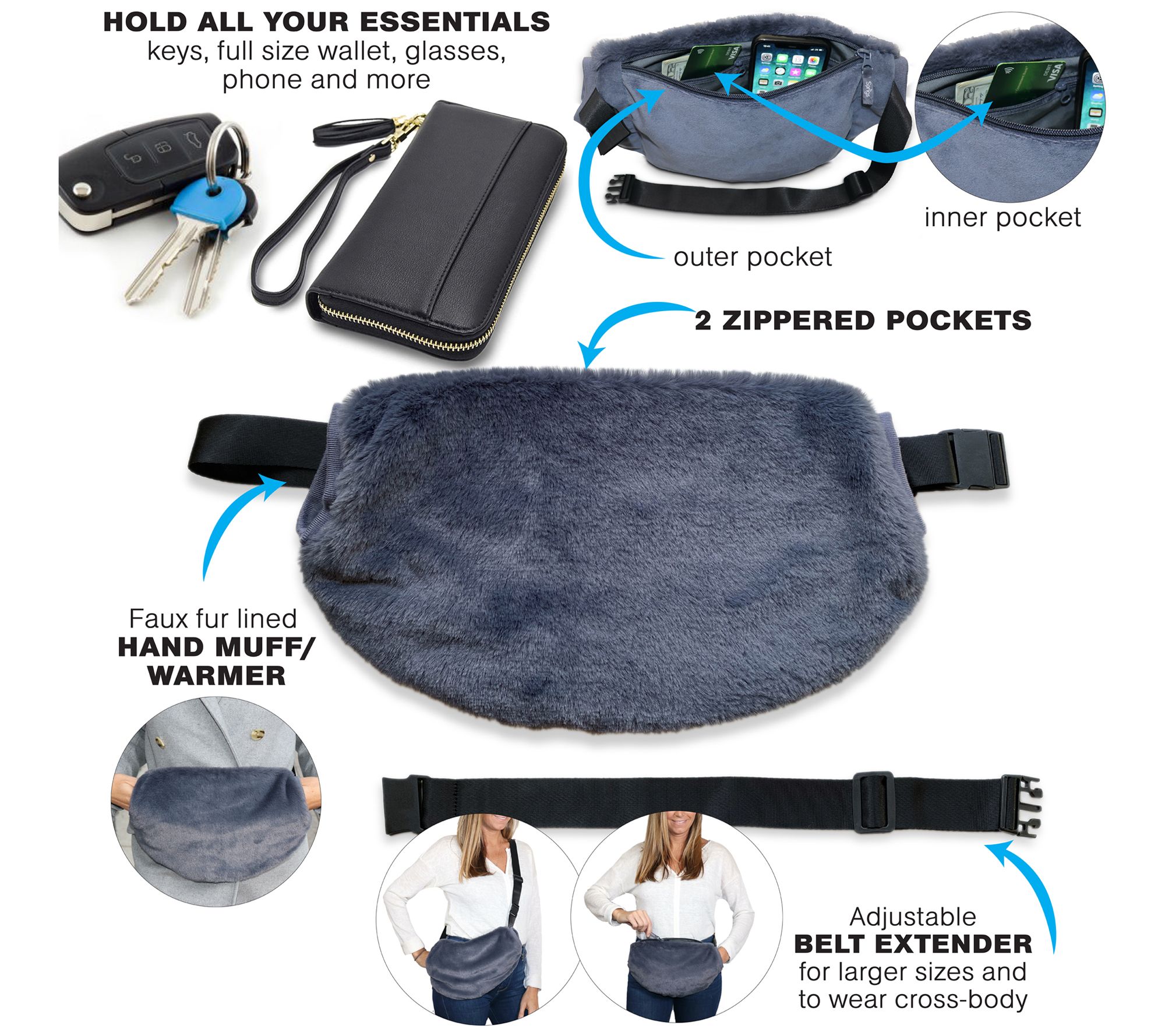 Sprigs Adjustable Faux Fur Hand Muff Belt Bag with Extender 