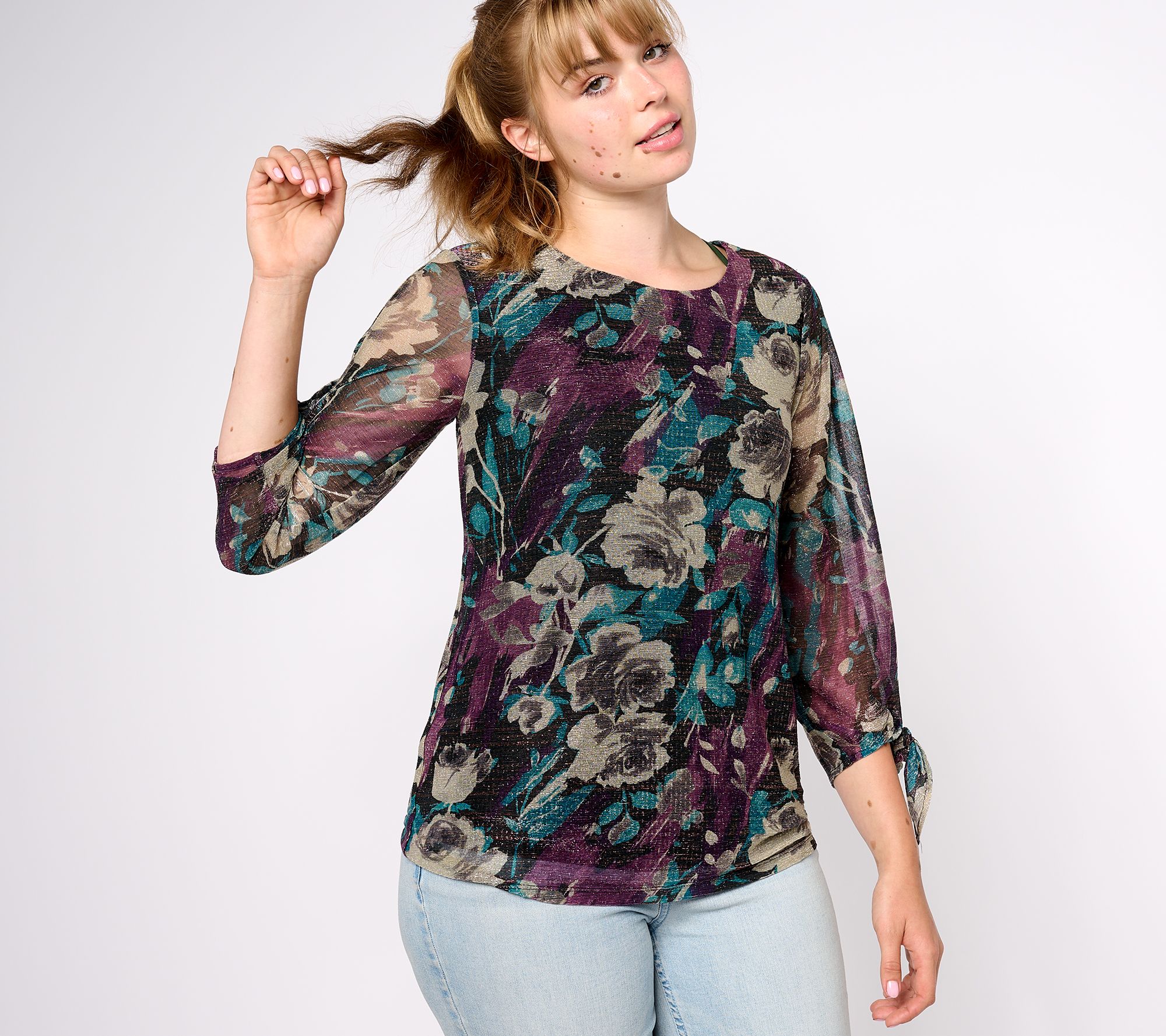 Susan Graver Occasions Foil Printed Knit Tie-Sleeve Top