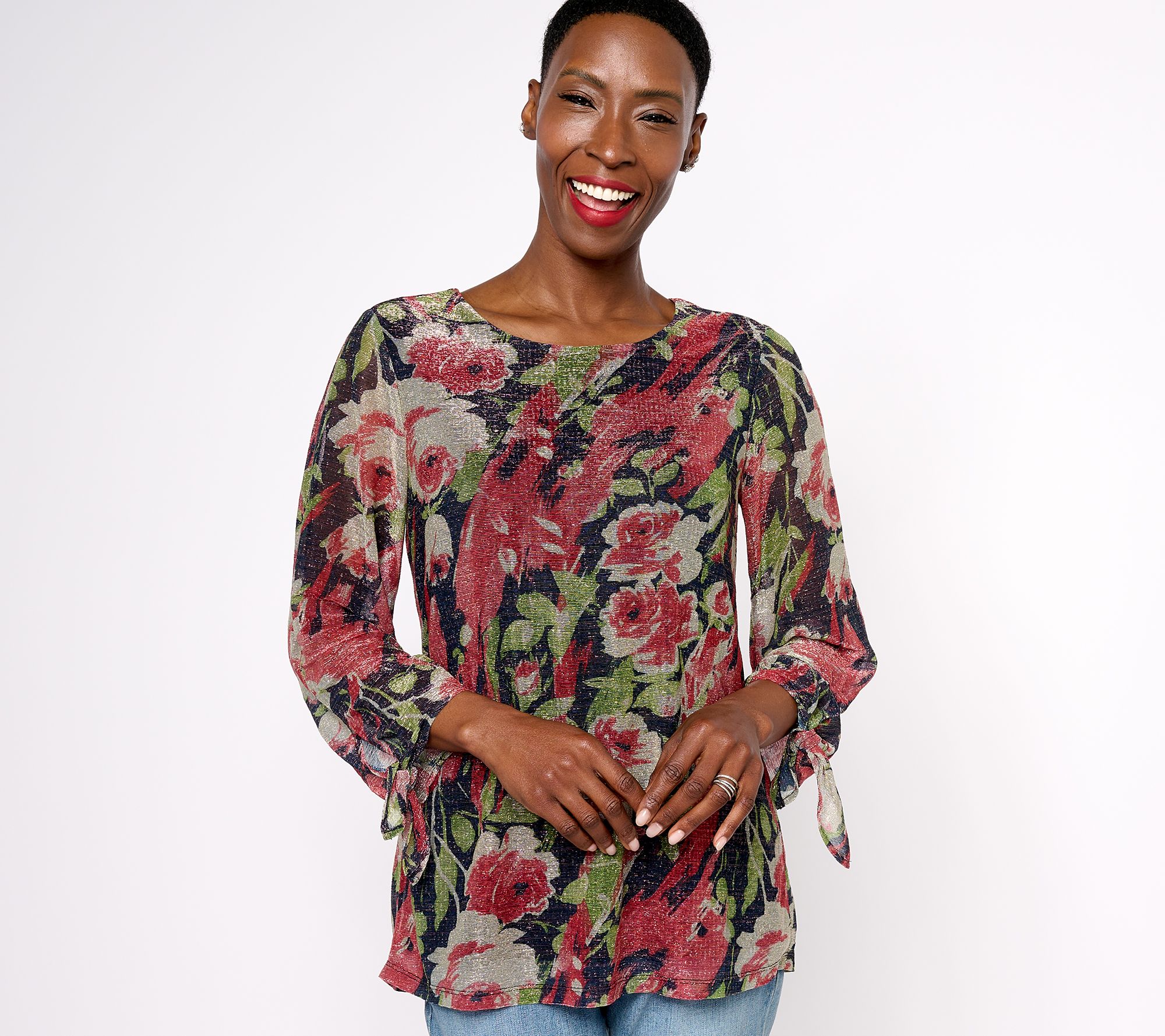Susan Graver Occasions Foil Printed Knit Tie-Sleeve Top