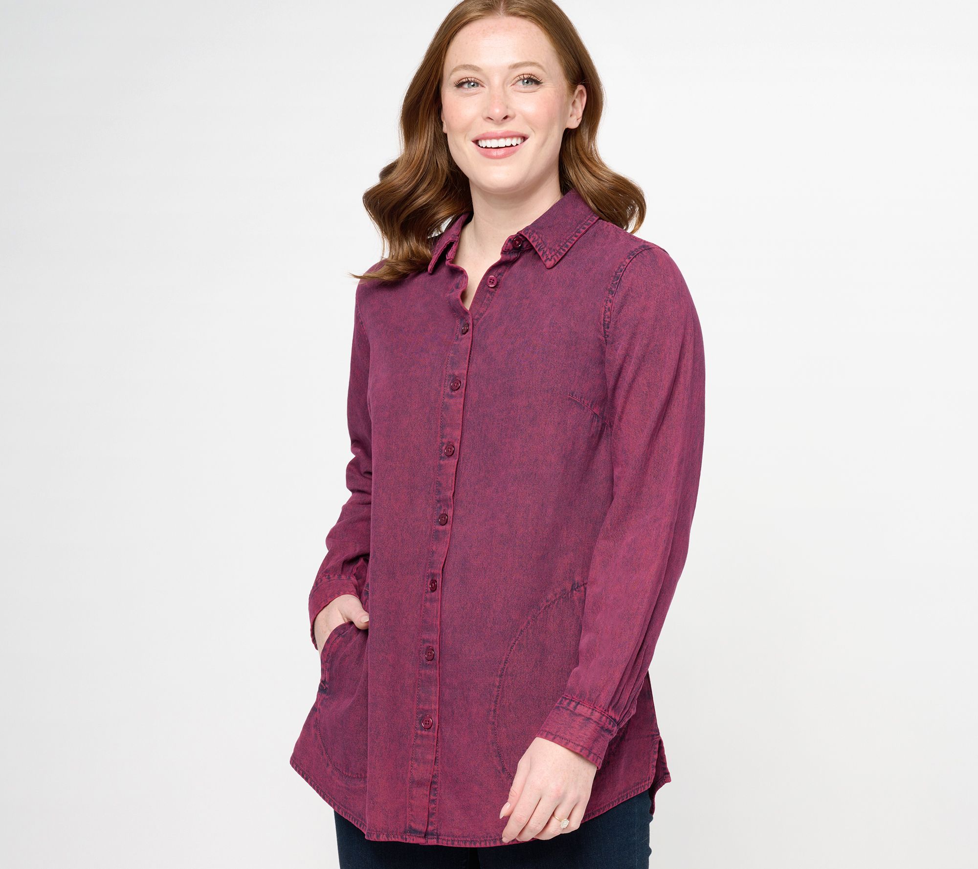 "As Is" Joan Rivers Petite Vintage Washed Denim Shirt with Pockets