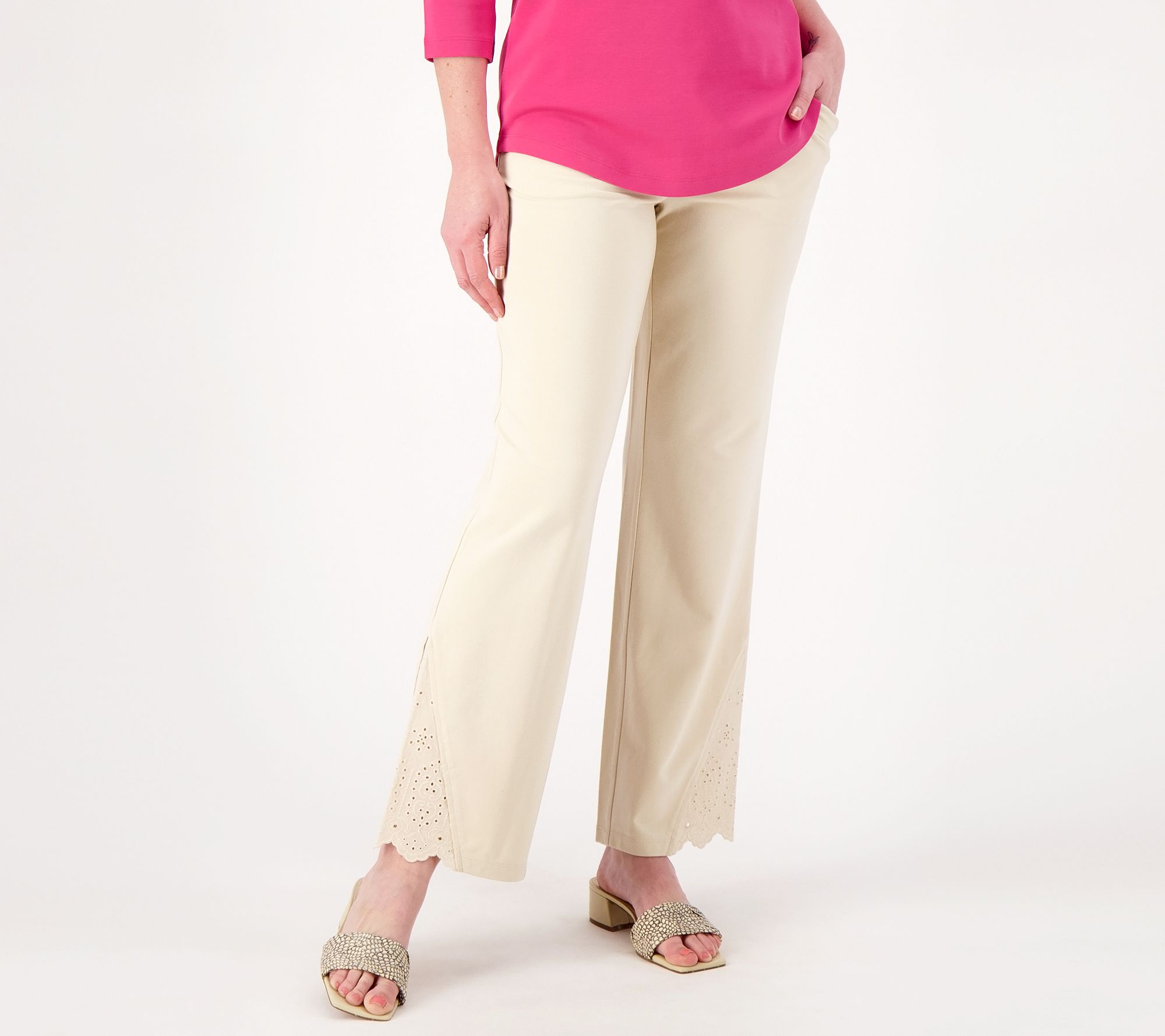 "As Is" Isaac Mizrahi Live! Regular Knit Pants with Eyelet Trim