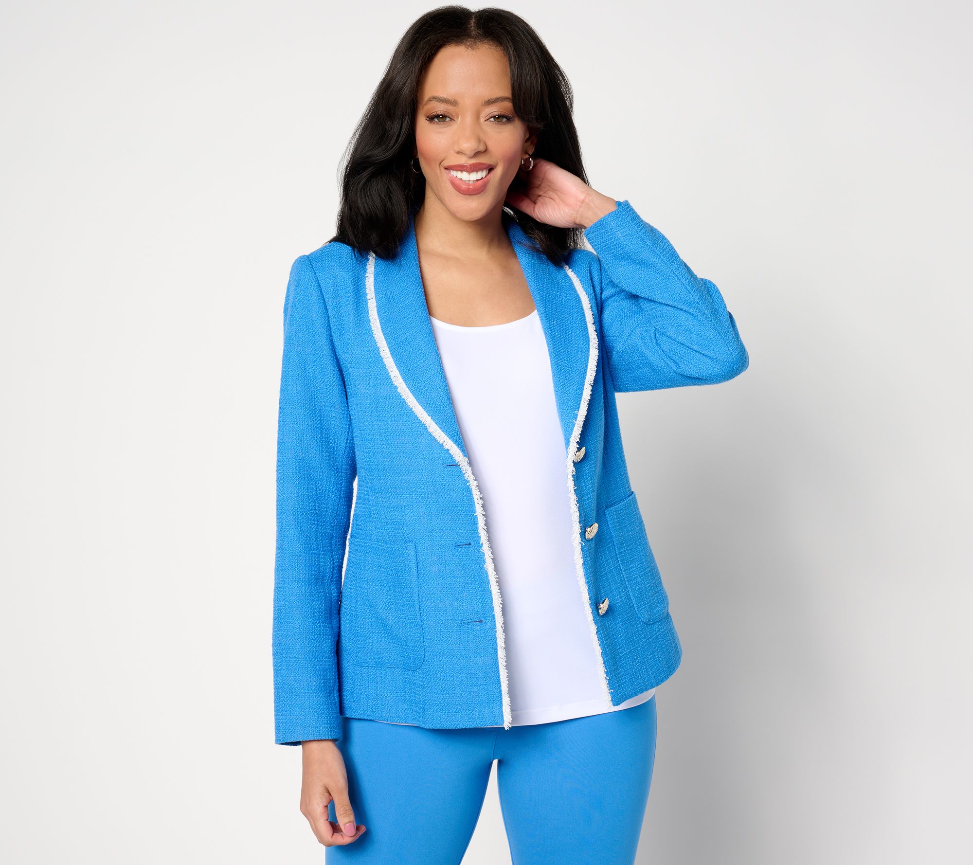 GRAVER Susan Graver Tweed Shawl Collar Blazer with Fray Trim