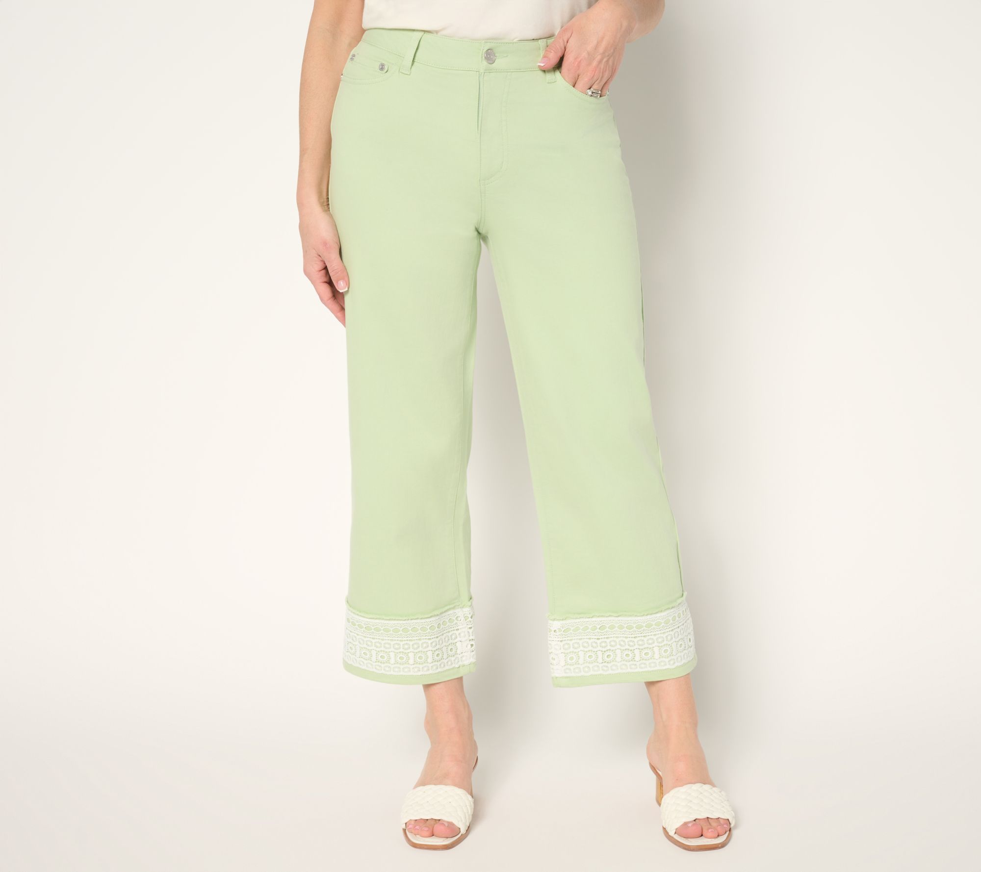 Susan Graver Petite Stretch Denim Wide-Leg Crop Jean with Lace Trim