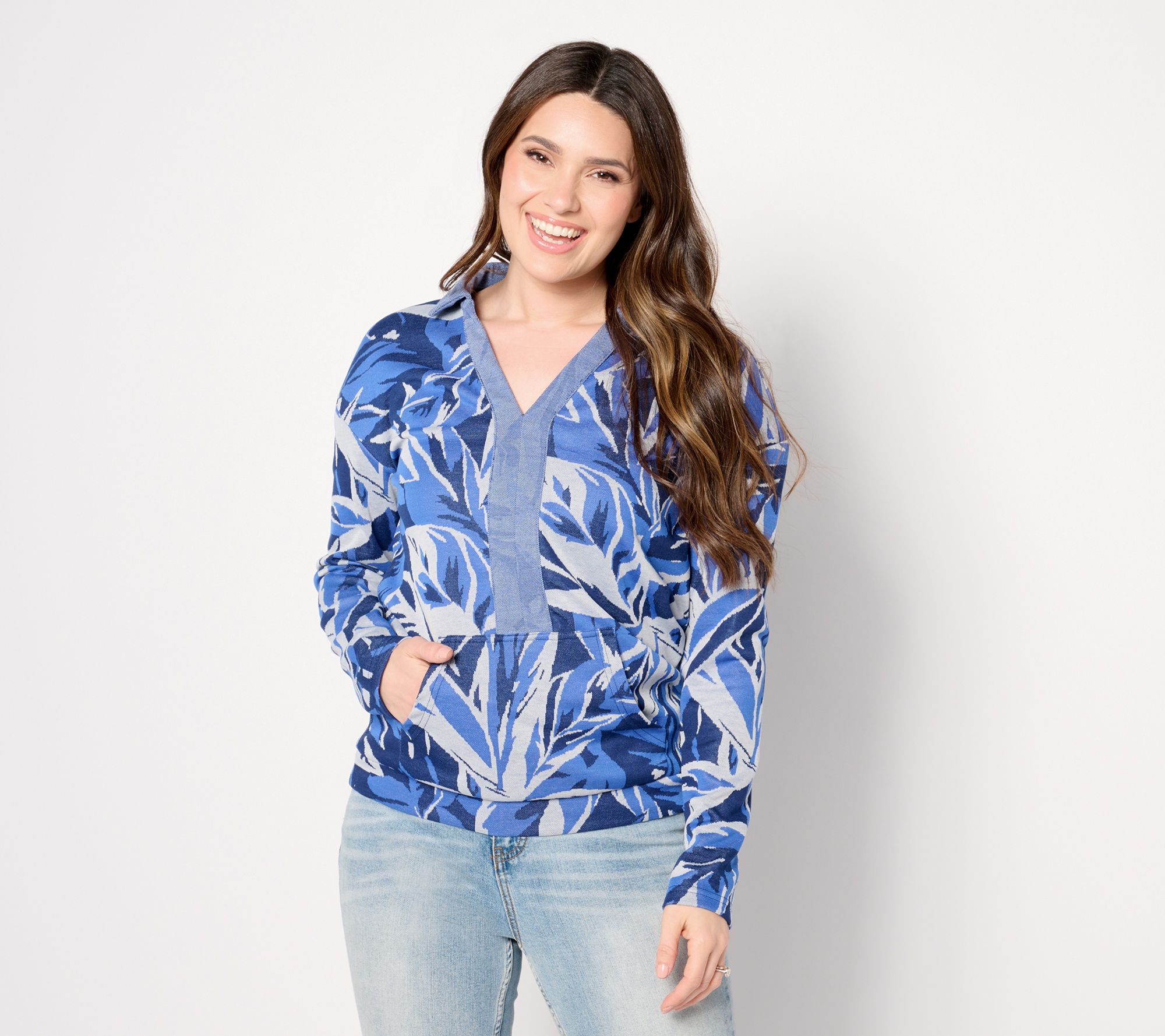 zuda Palm Jacquard Knit Collared Top