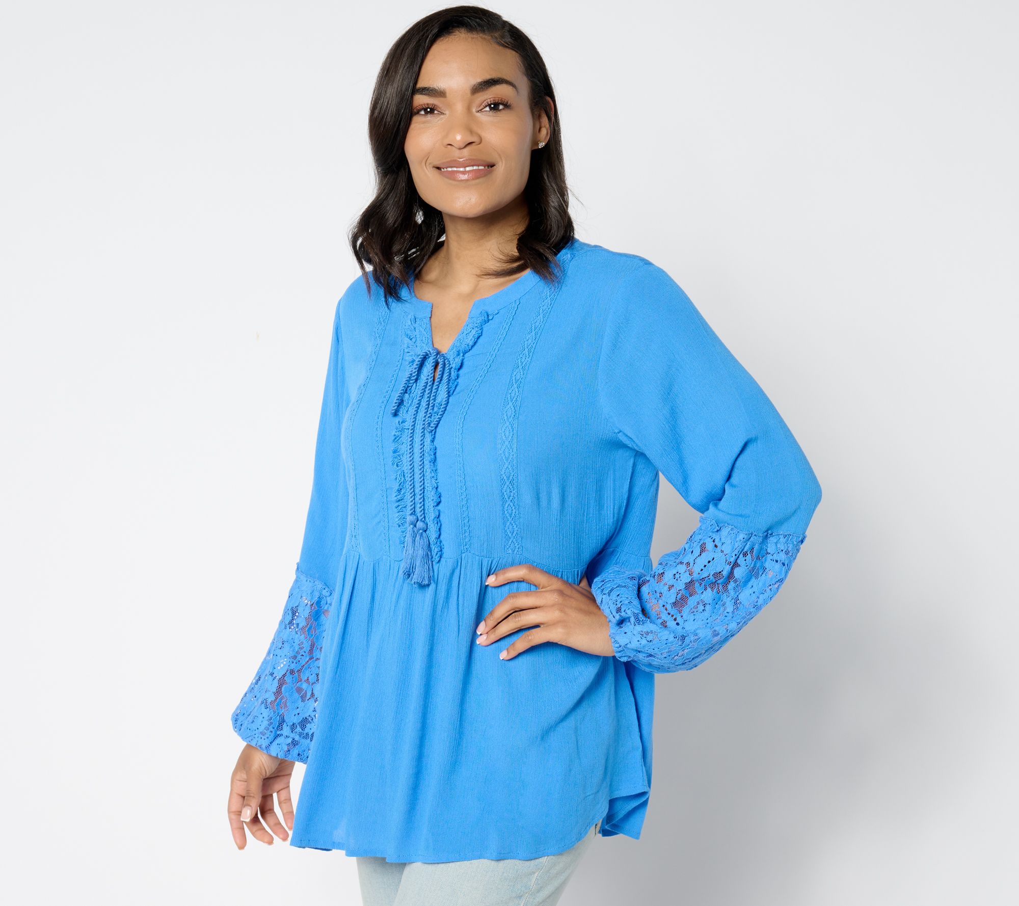 Susan Graver Petite PURE Sheer Crinkled Gauze Lace and Tassel Tunic
