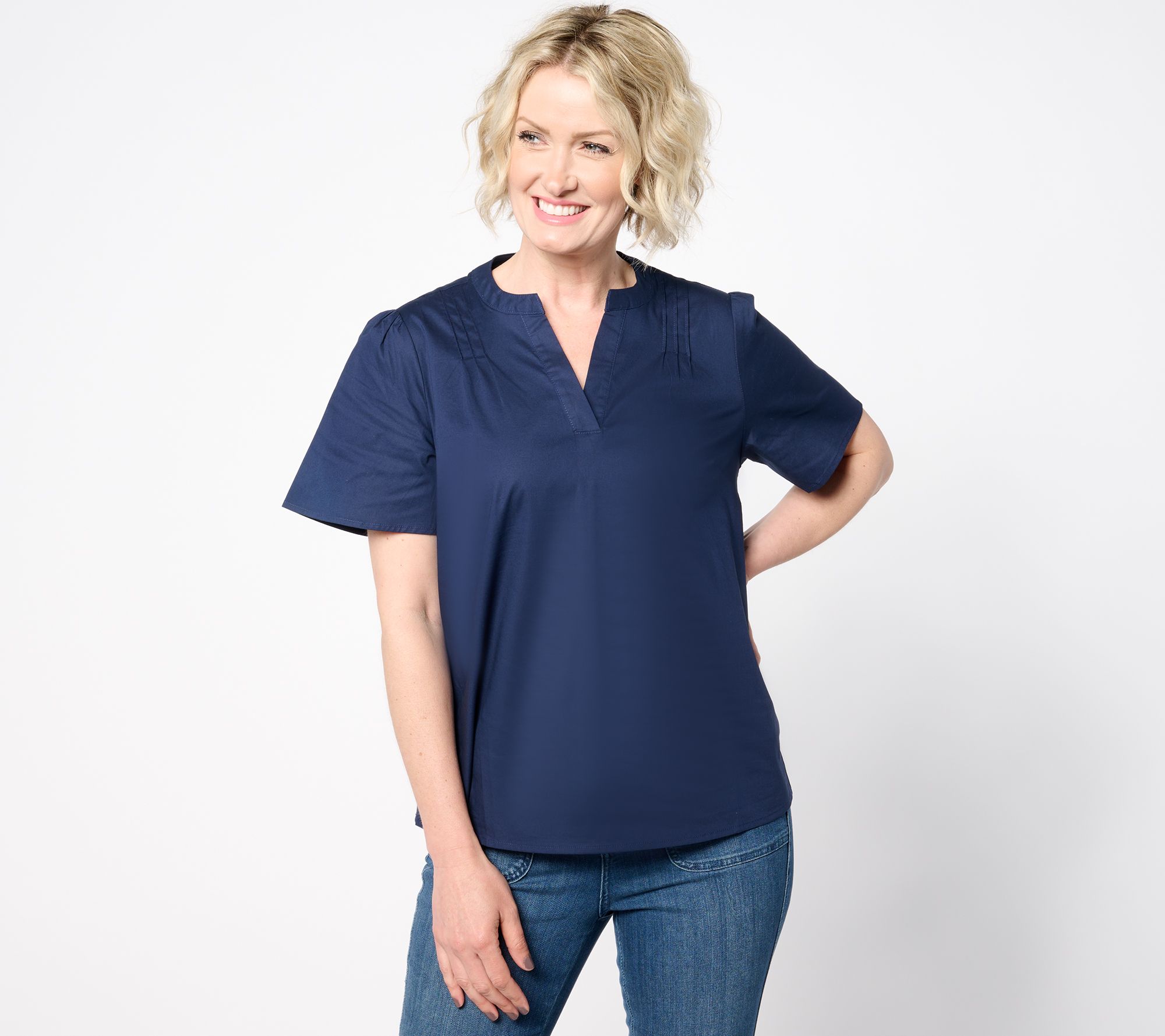 Denim & Co. Poplin Short Sleeve Blouse w/ Pintucks