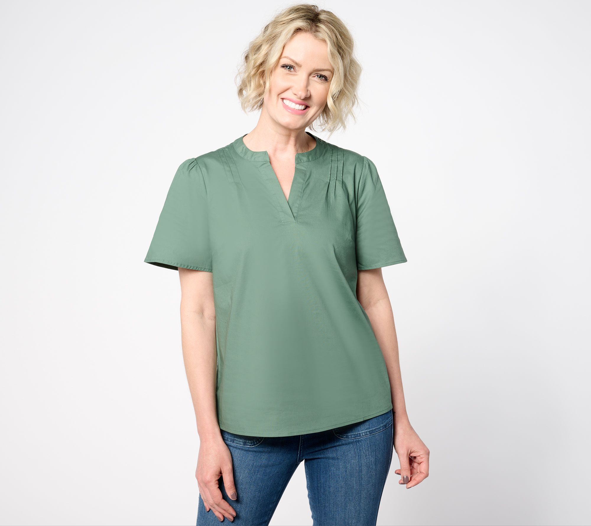 Denim & Co. Poplin Short Sleeve Blouse w/ Pintucks