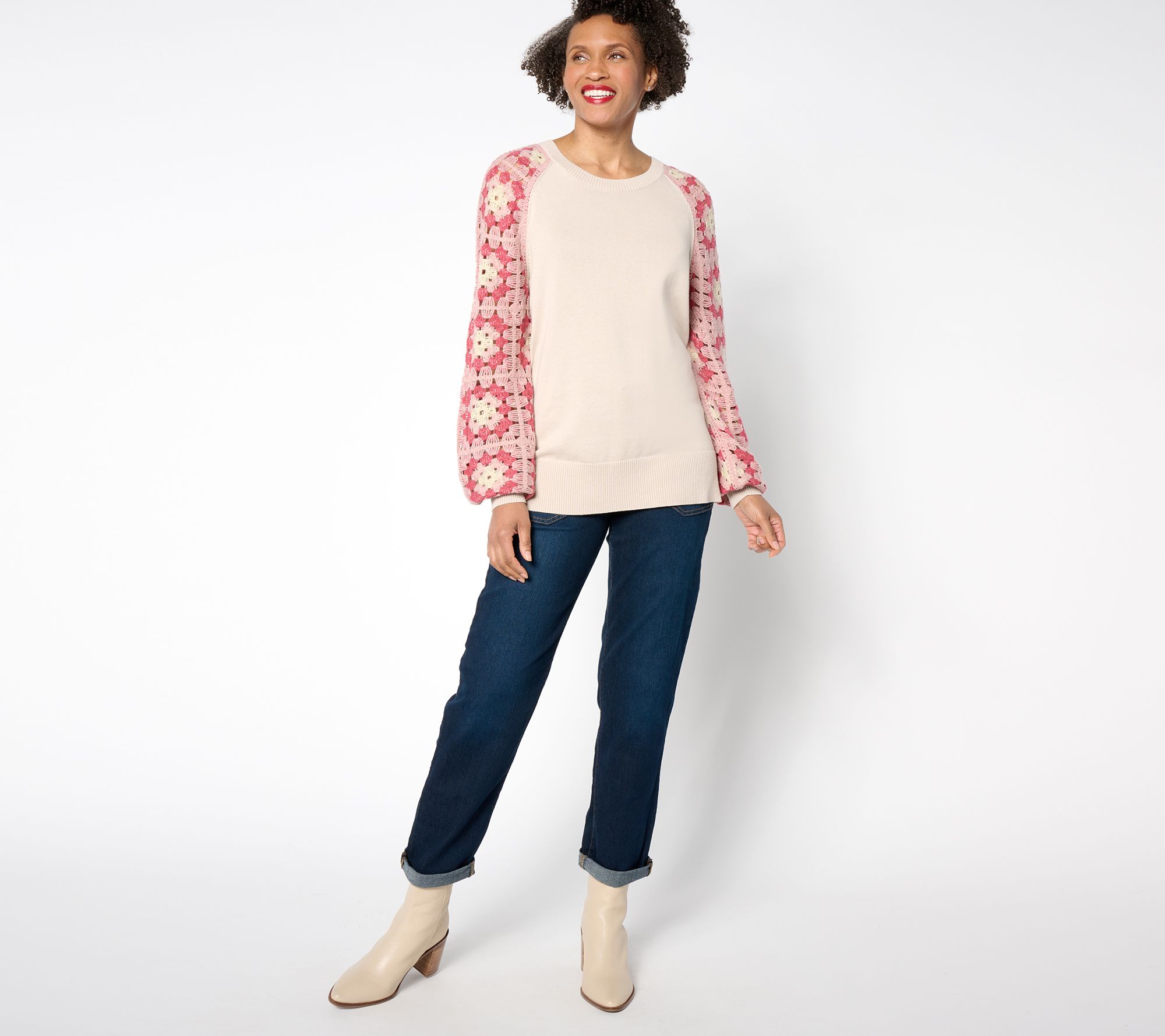 Belle Boho by Kim Gravel Granny Square Crochet Sleeve Sweater - QVC.com