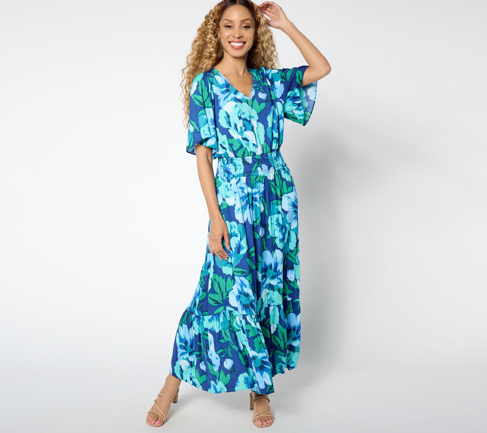 Isaac Mizrahi Live! Flowy Crinkle Satin Maxi Dress w/ Smocking - QVC.com