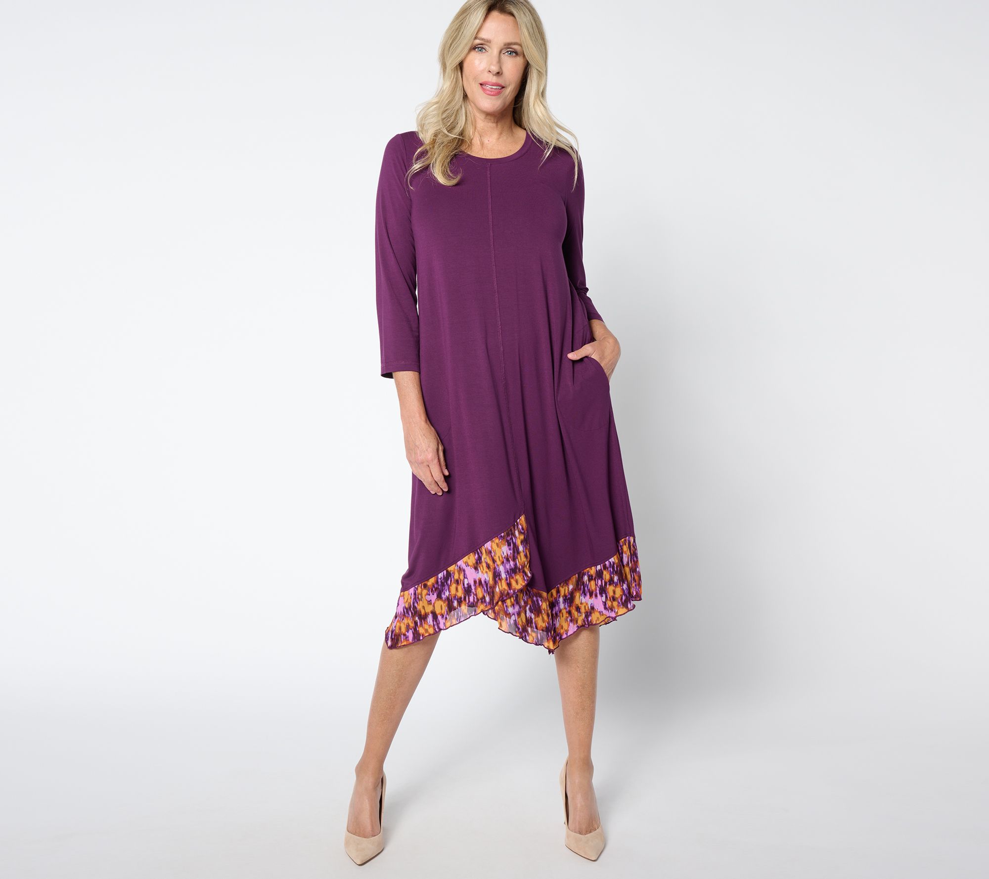 LOGO by Lori Goldstein Petite 3/4 Sleeve Stepped Hem Dress