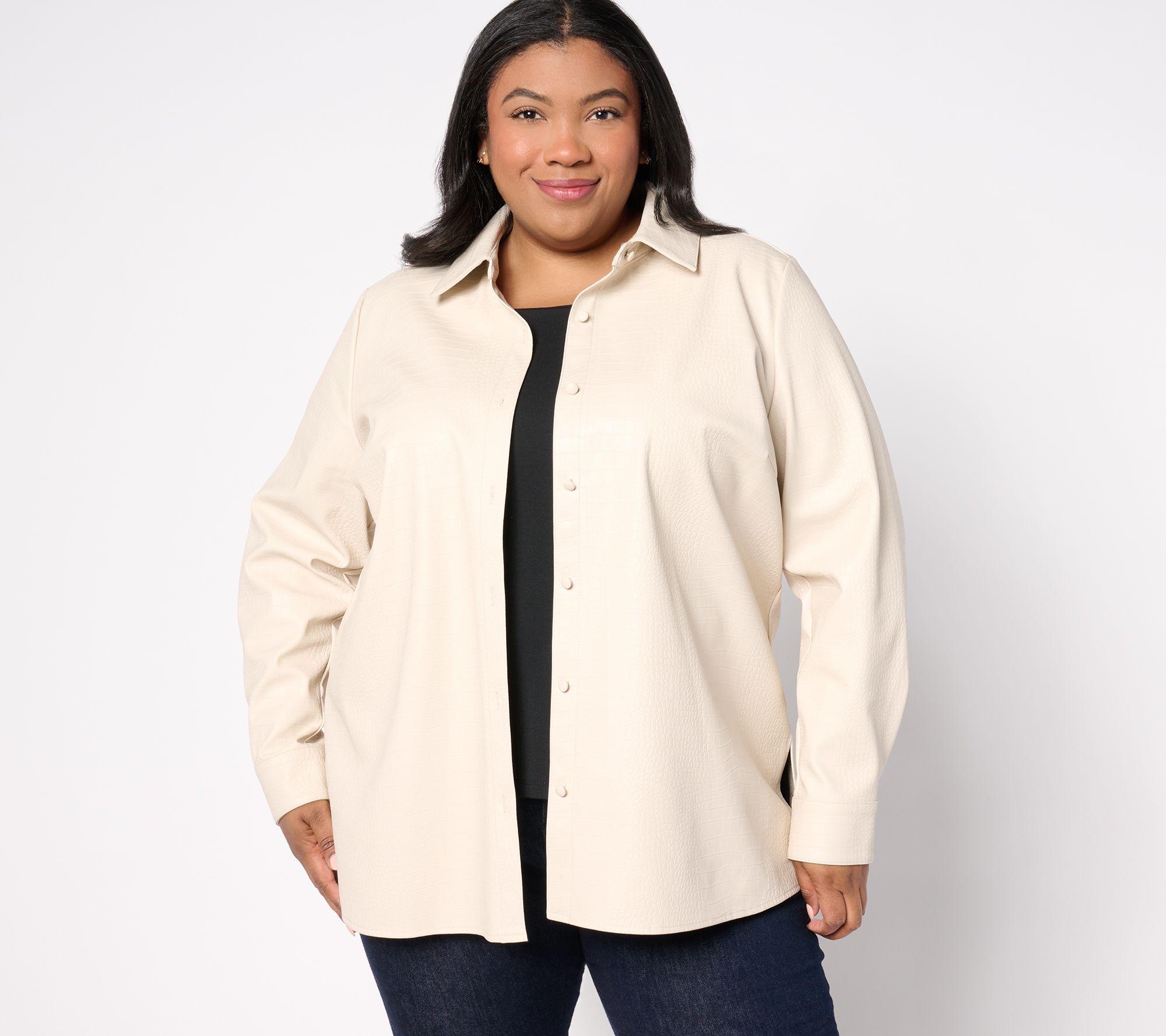 Dennis Basso Textured Faux Leather Button Front Shirt