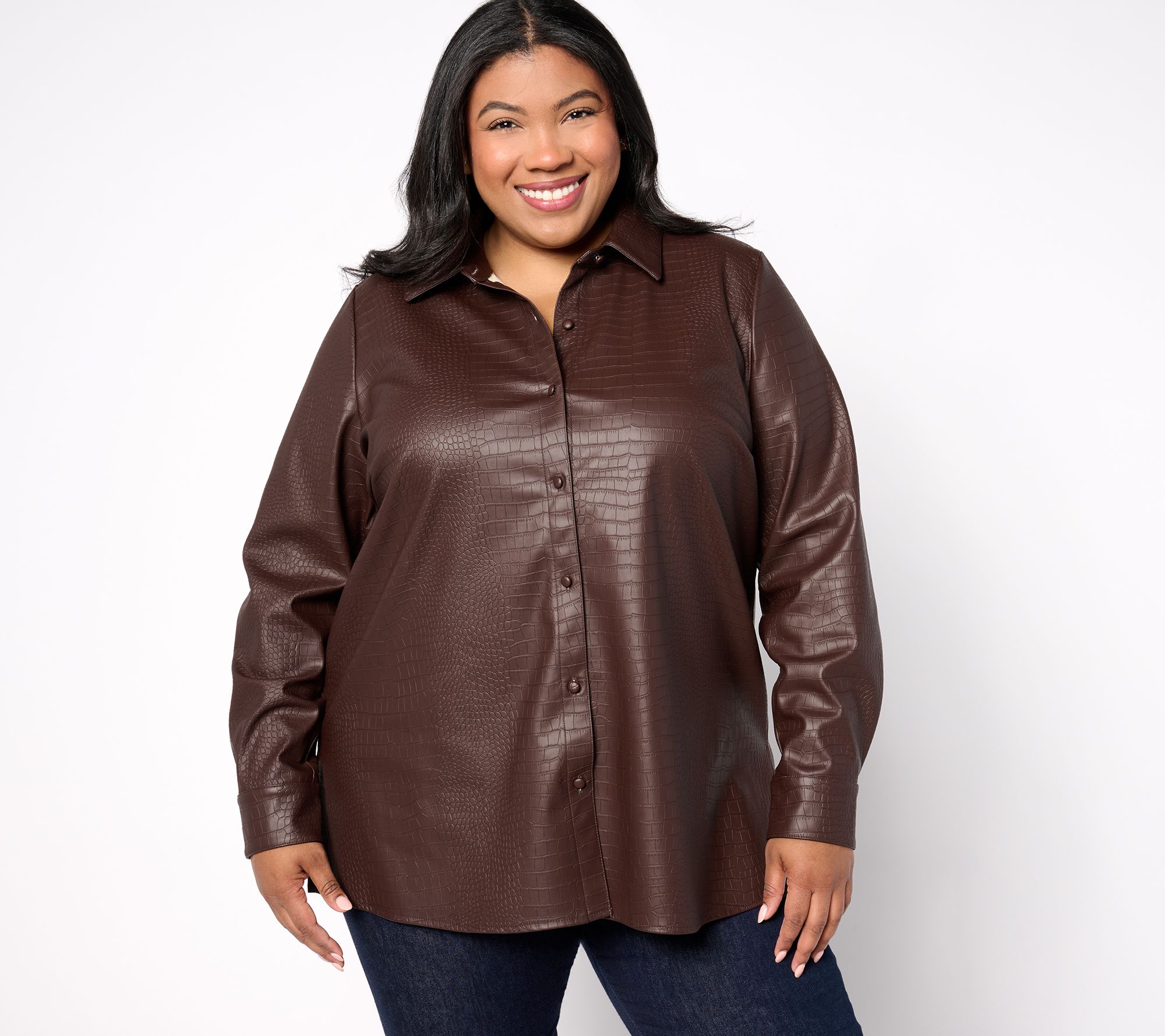 Dennis Basso Textured Faux Leather Button Front Shirt
