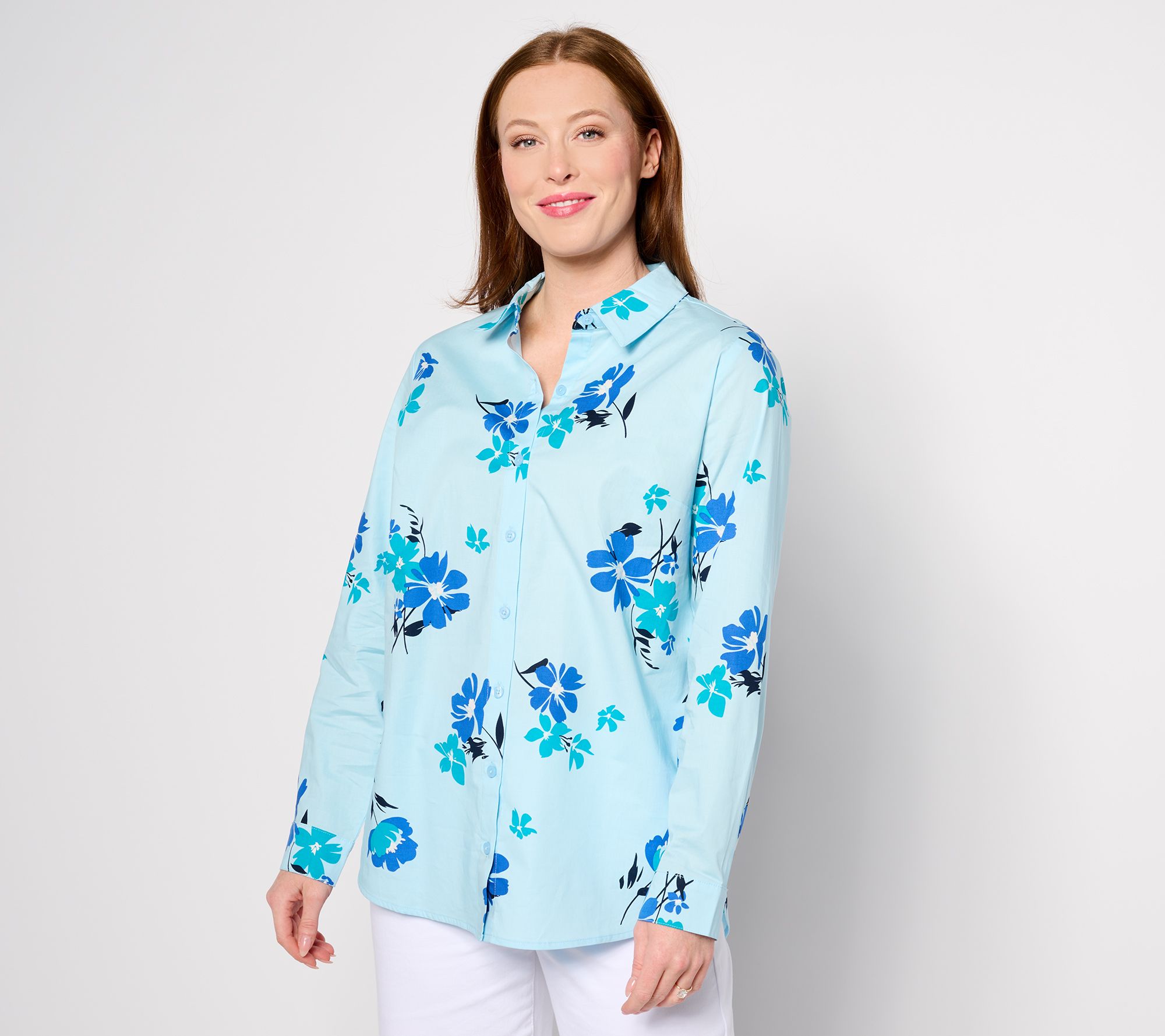 "As Is" Denim & Co. Printed Poplin Shirt w/ Side Slits