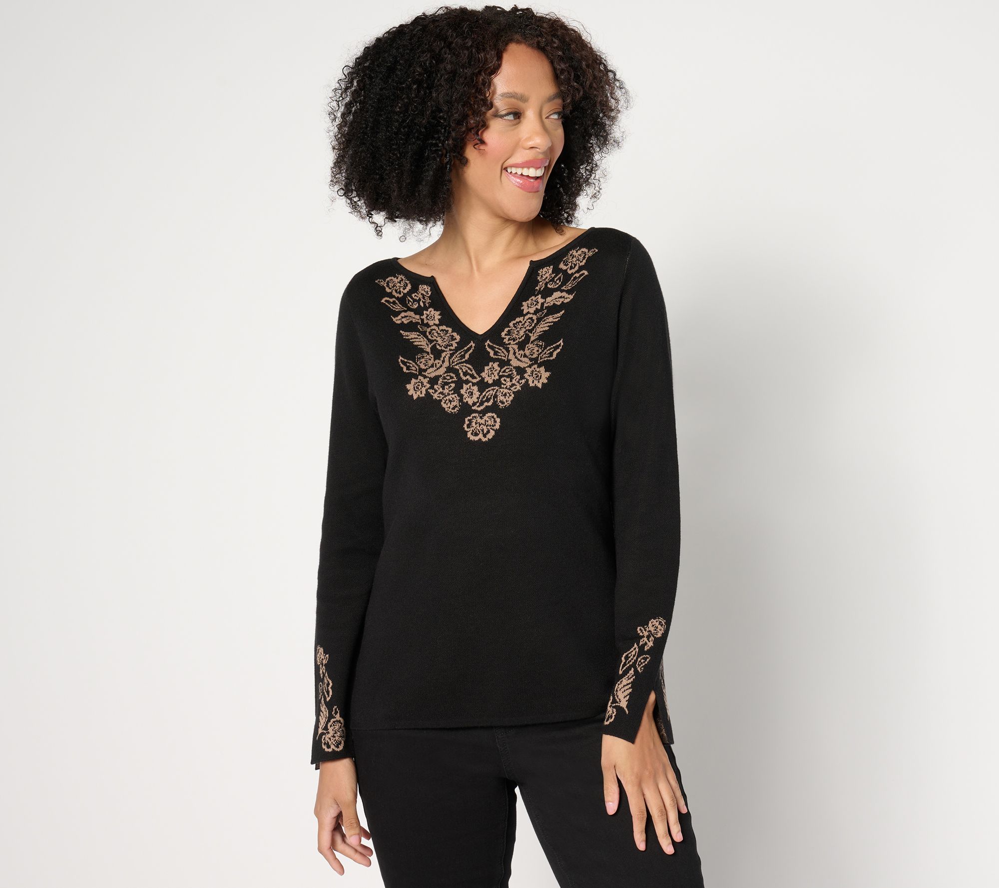 Susan Graver Split Neck Jacquard Sweater
