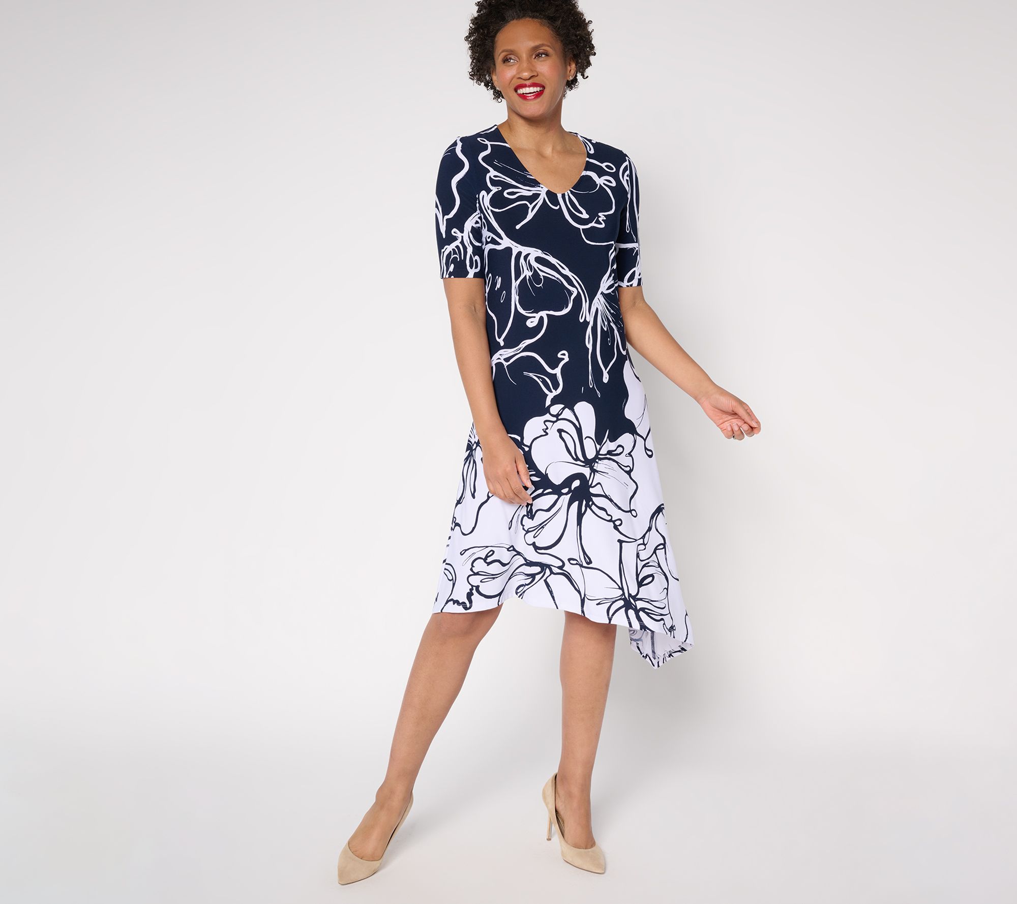 Dennis Basso Petite Printed Caviar Crepe Dress w/ Asymmetric Hem