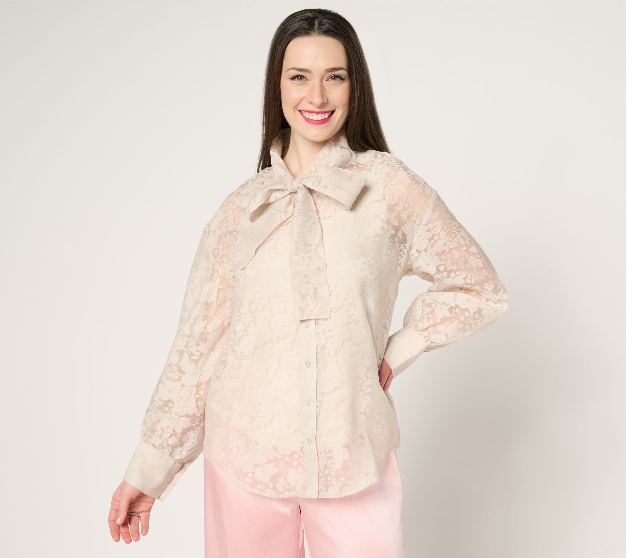 by Stacy London Floral Organza Bow Tie Blouse with Knit Tank