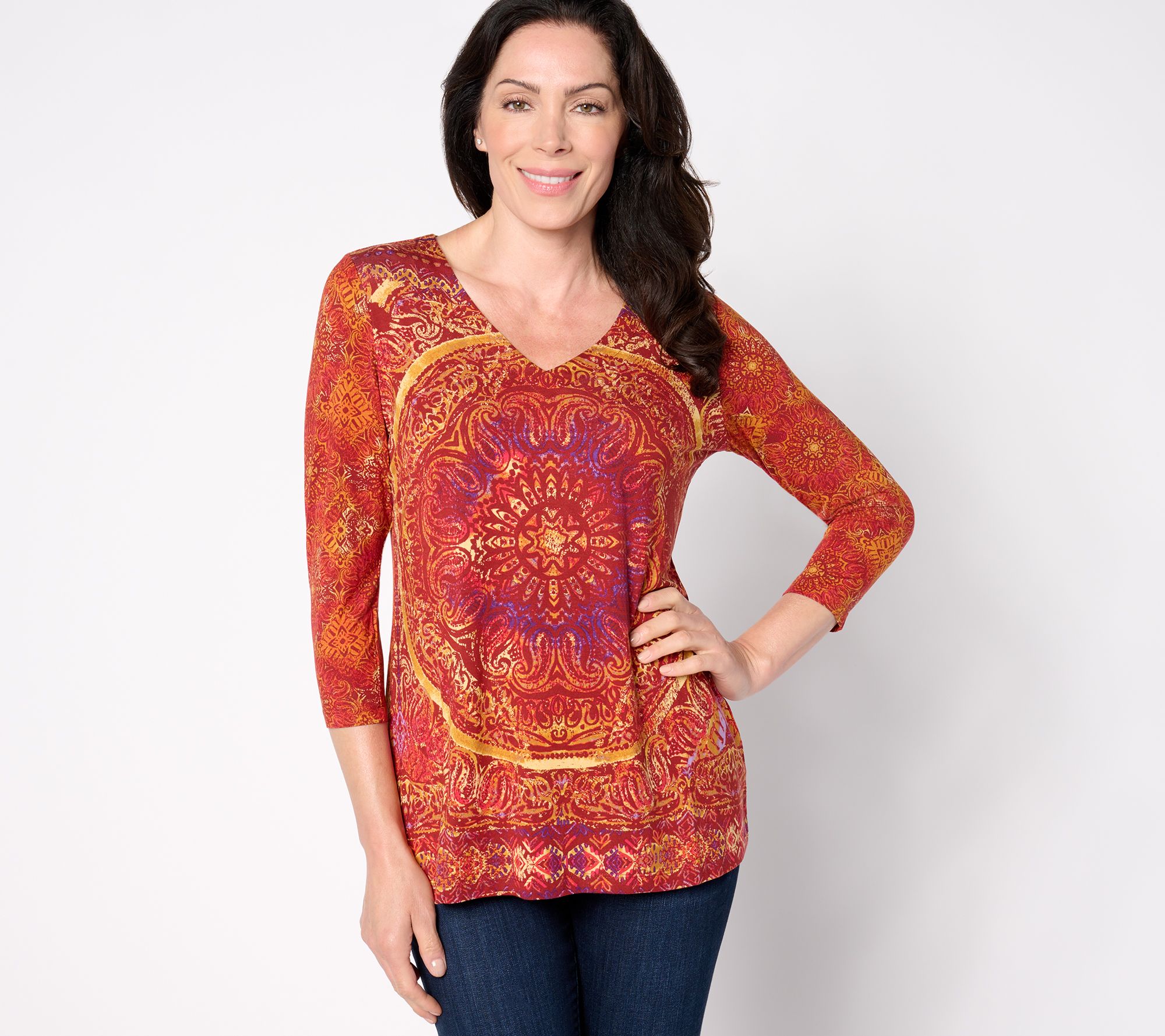 "As Is" Belle Boho by Kim Gravel Rayon Spandex Spiced Tile V-Neck Top