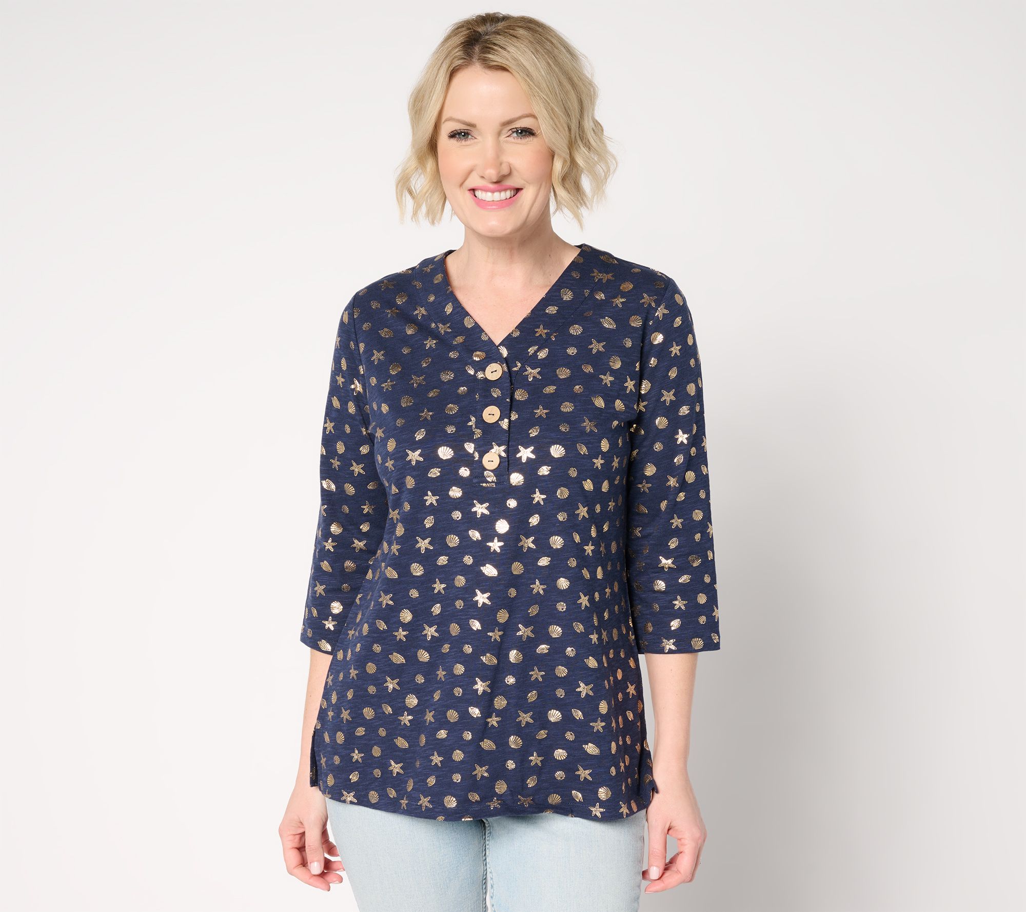 Denim & Co. Beach Petite Linen Blend V-Neck Tunic