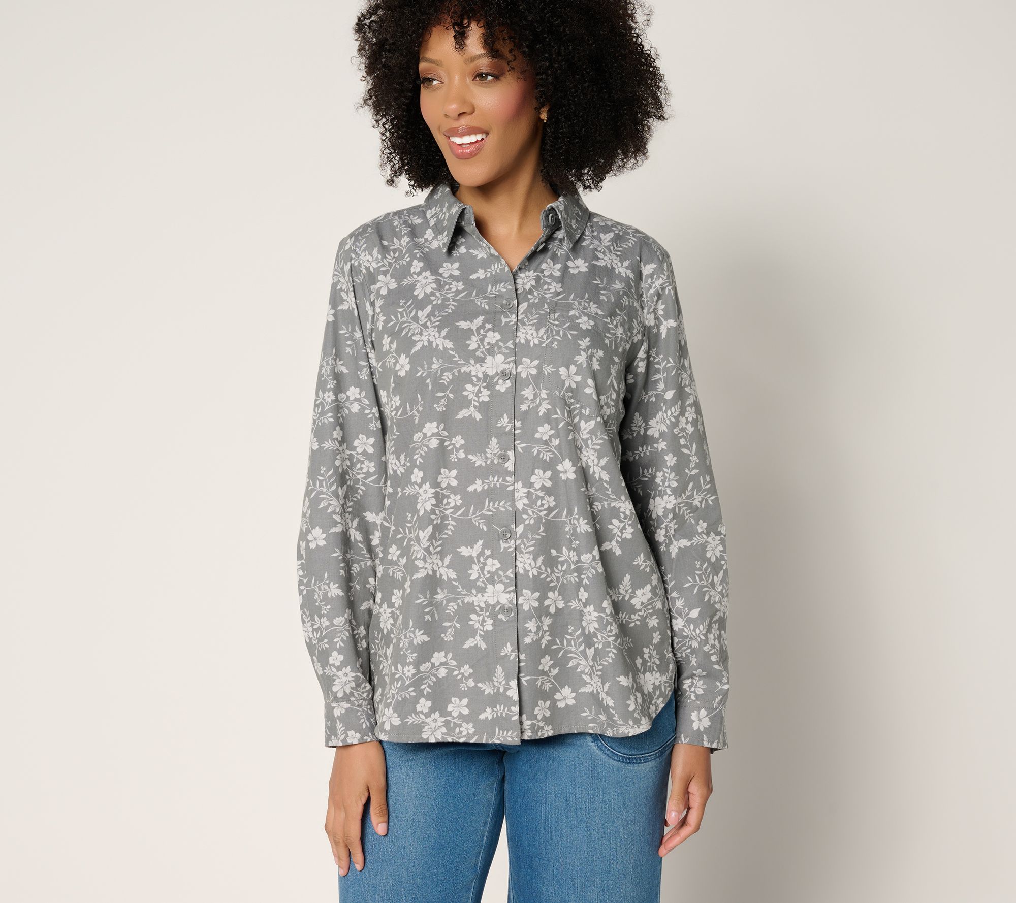 Joan Rivers Cotton Chambray Floral Classic Button Front Shirt