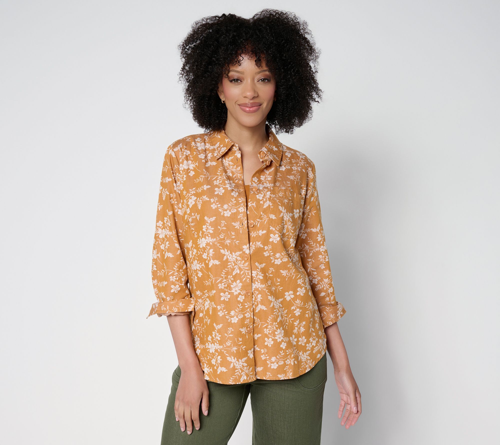 Joan Rivers Cotton Chambray Floral Classic Button Front Shirt