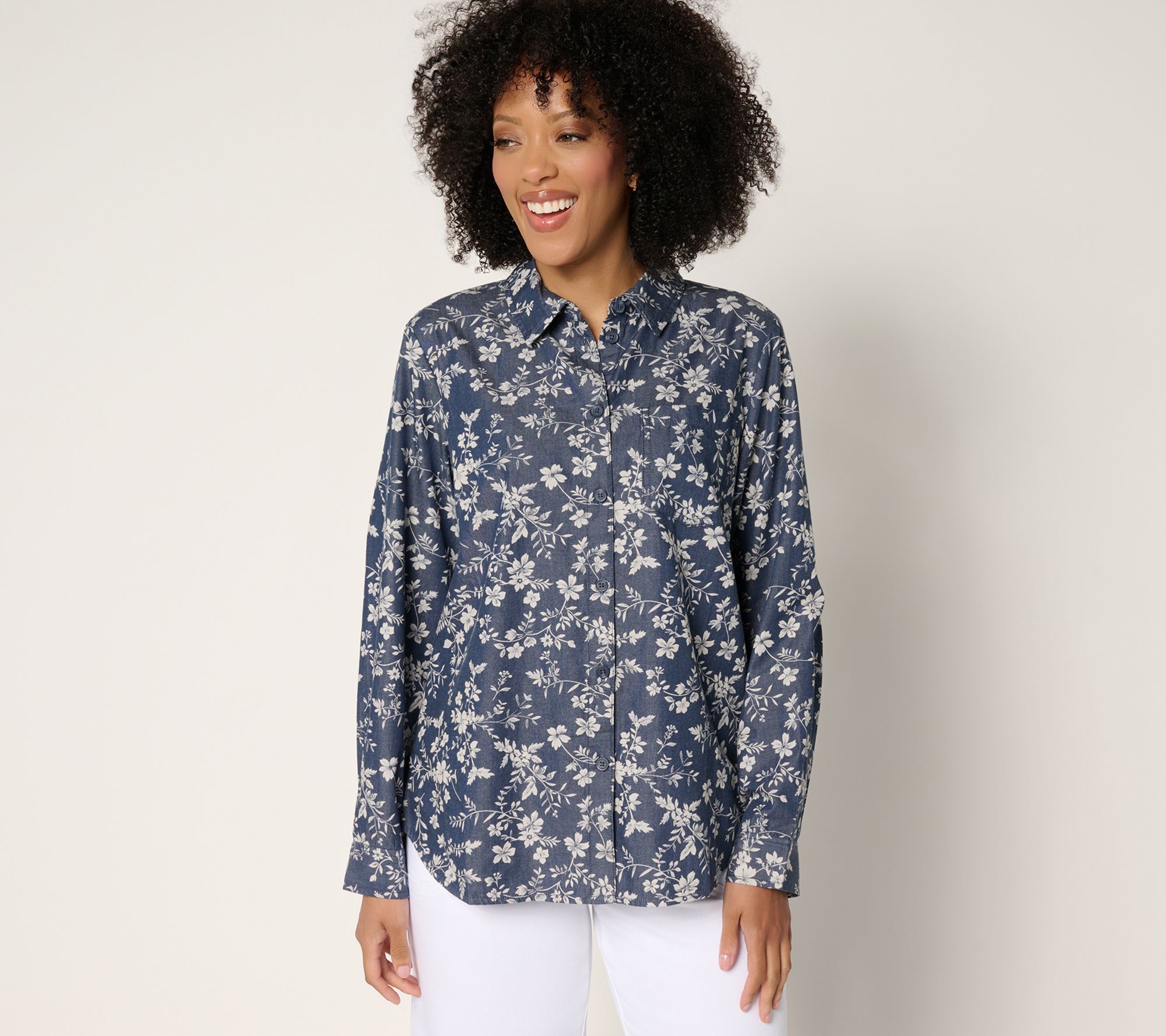 Joan Rivers Cotton Chambray Floral Classic Button Front Shirt