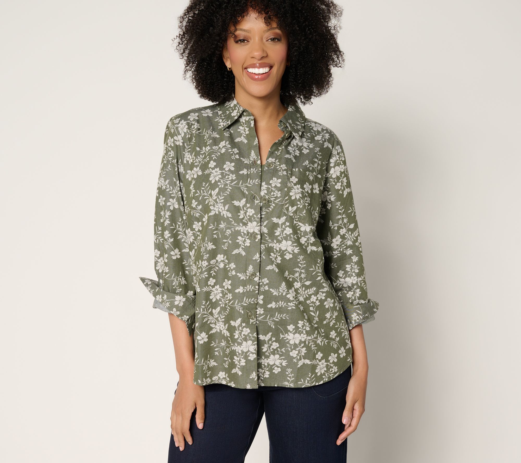 Joan Rivers Cotton Chambray Floral Classic Button Front Shirt