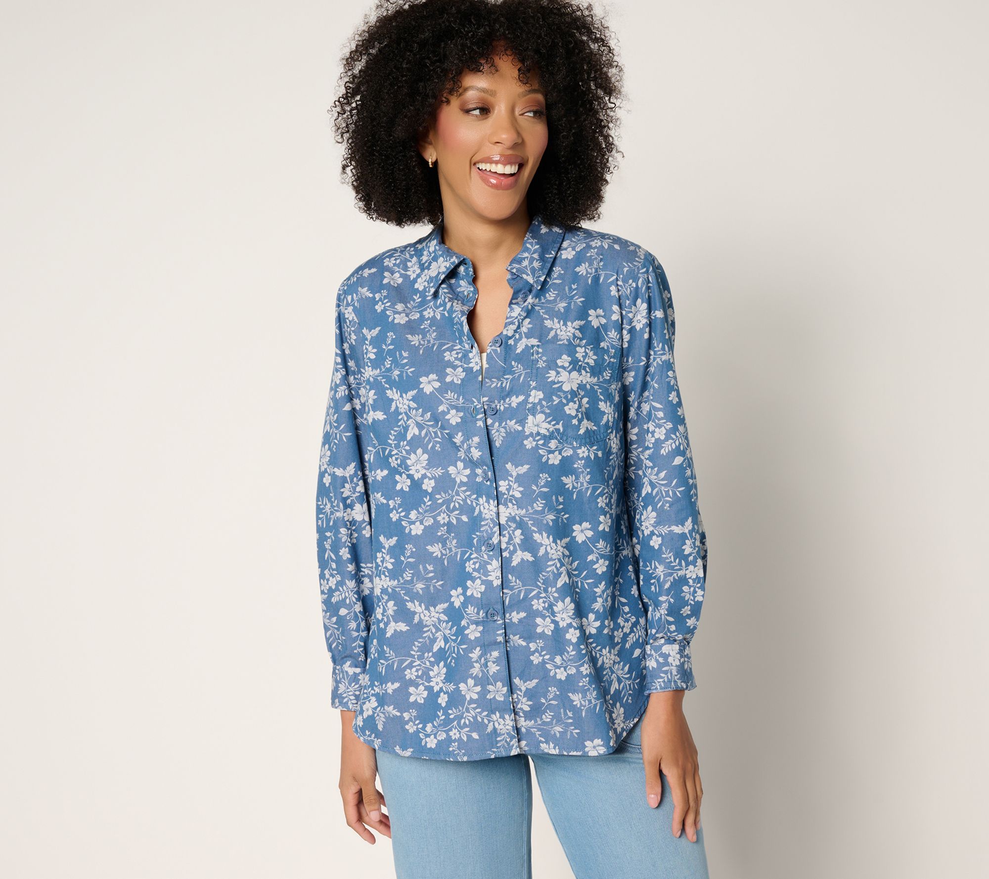 Joan Rivers Cotton Chambray Floral Classic Button Front Shirt