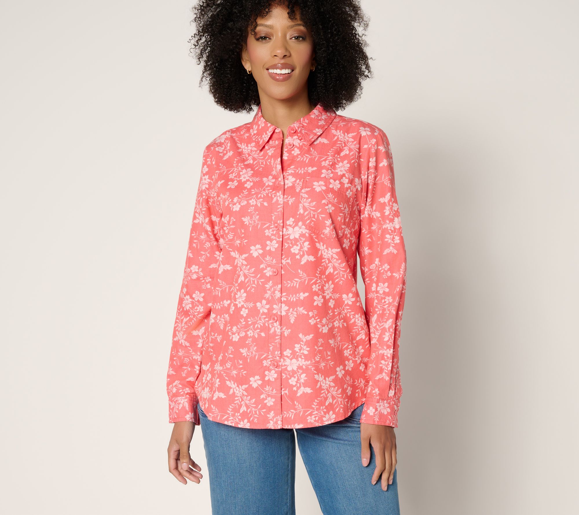 Joan Rivers Cotton Chambray Floral Classic Button Front Shirt
