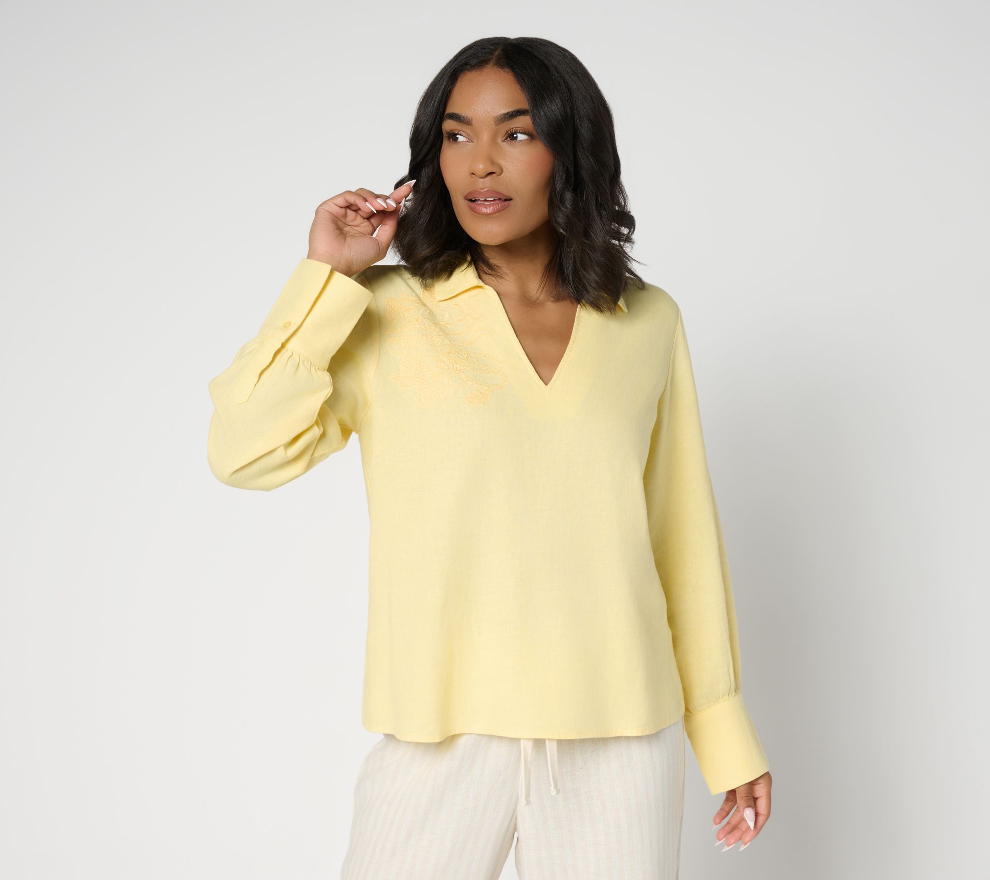 Peace Love World Boheme Embroidered Linen Blend Popover Blouse
