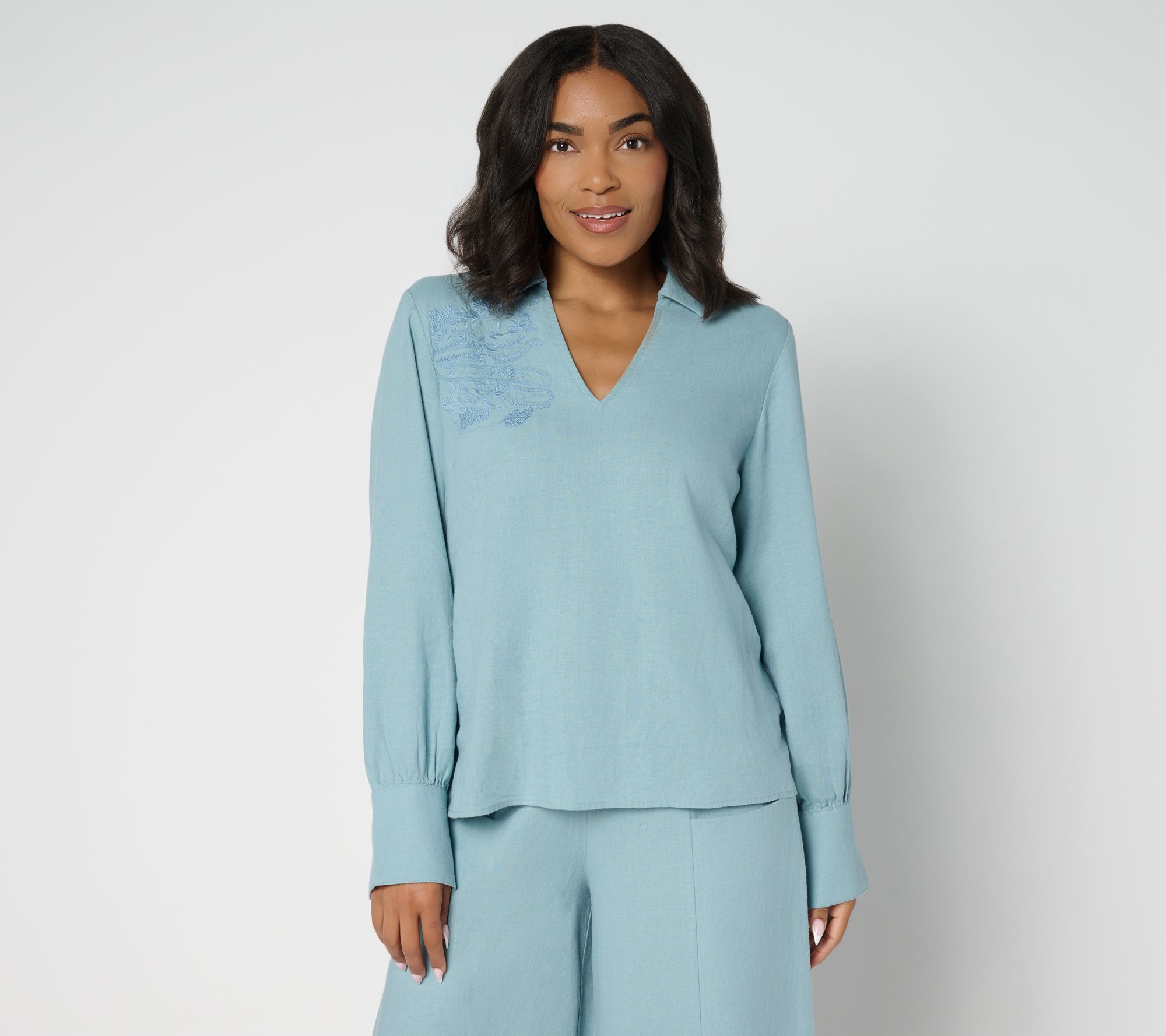 Peace Love World Boheme Embroidered Linen Blend Popover Blouse