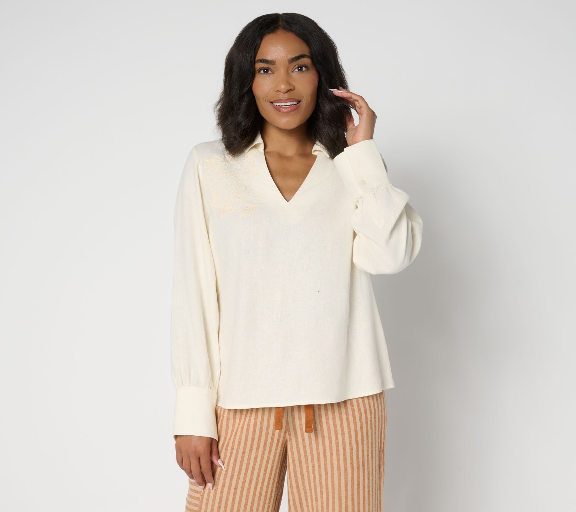 Peace Love World Boheme Embroidered Linen Blend Popover Blouse