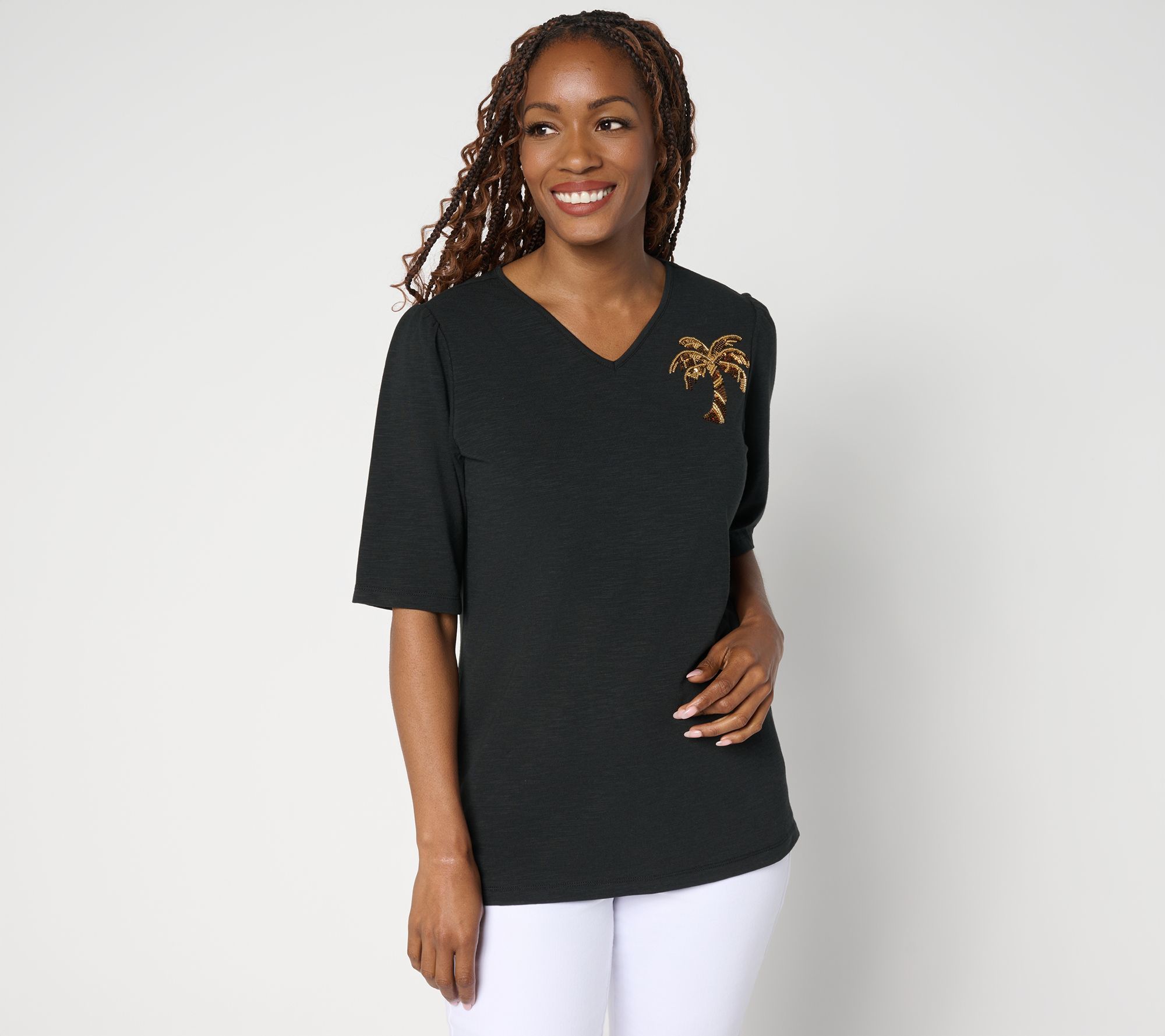 Quacker Factory Palmetto Embellished Puff Elbow Sleeve Top