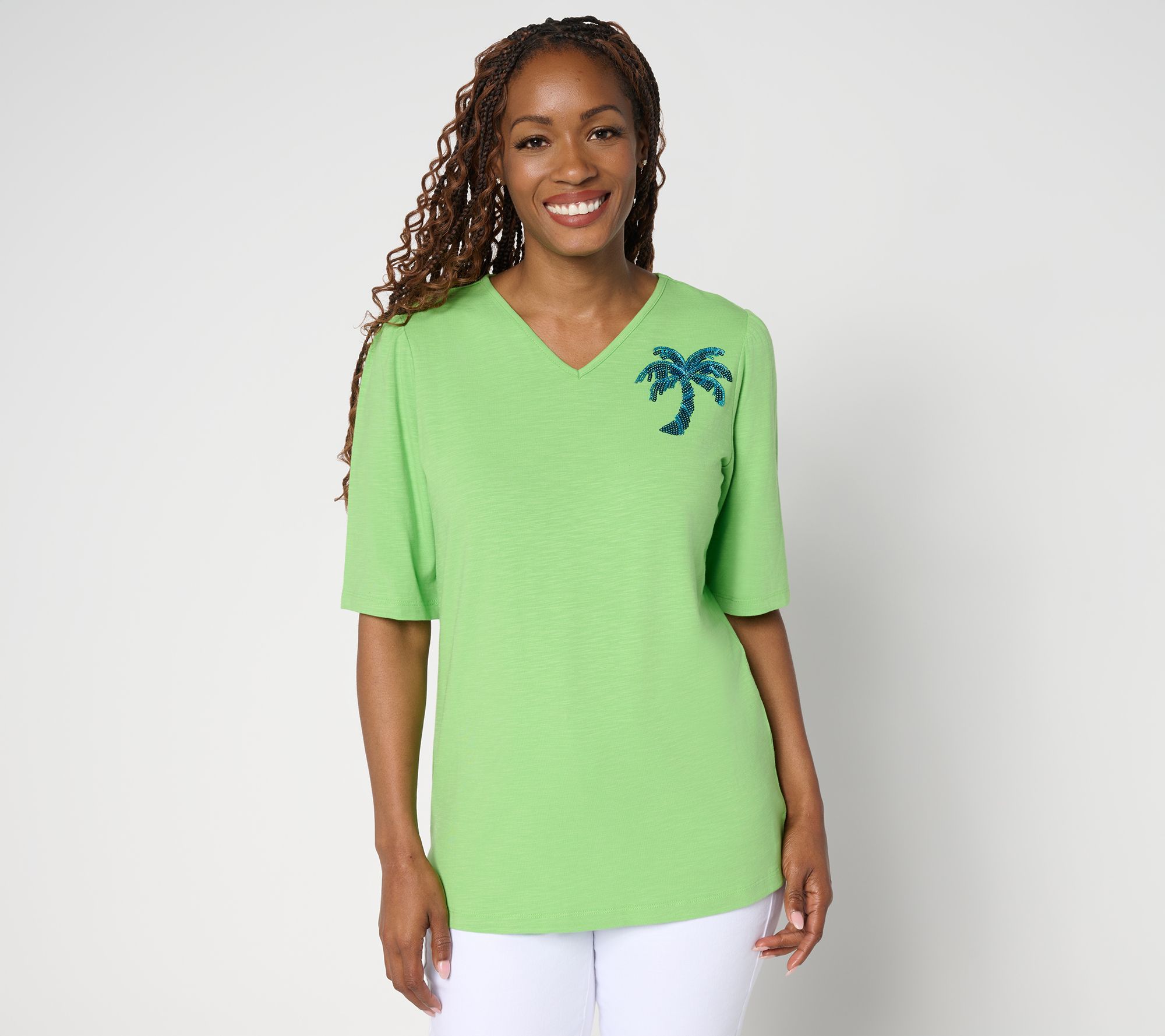 Quacker Factory Palmetto Embellished Puff Elbow Sleeve Top
