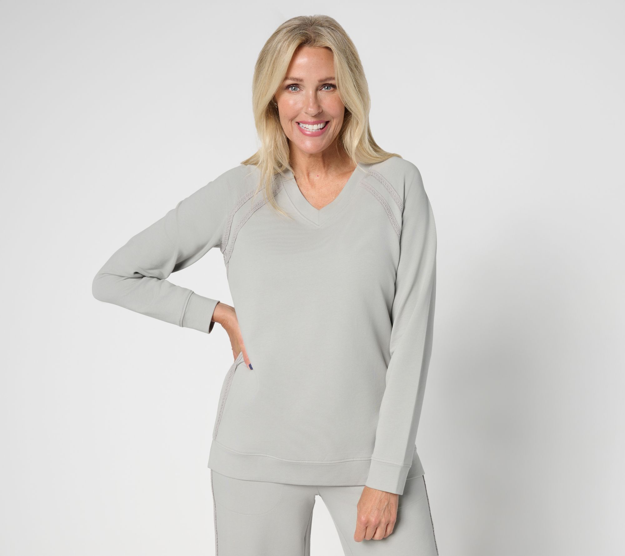 Denim & Co. Active French Terry V-Neck Pullover with Side Trim