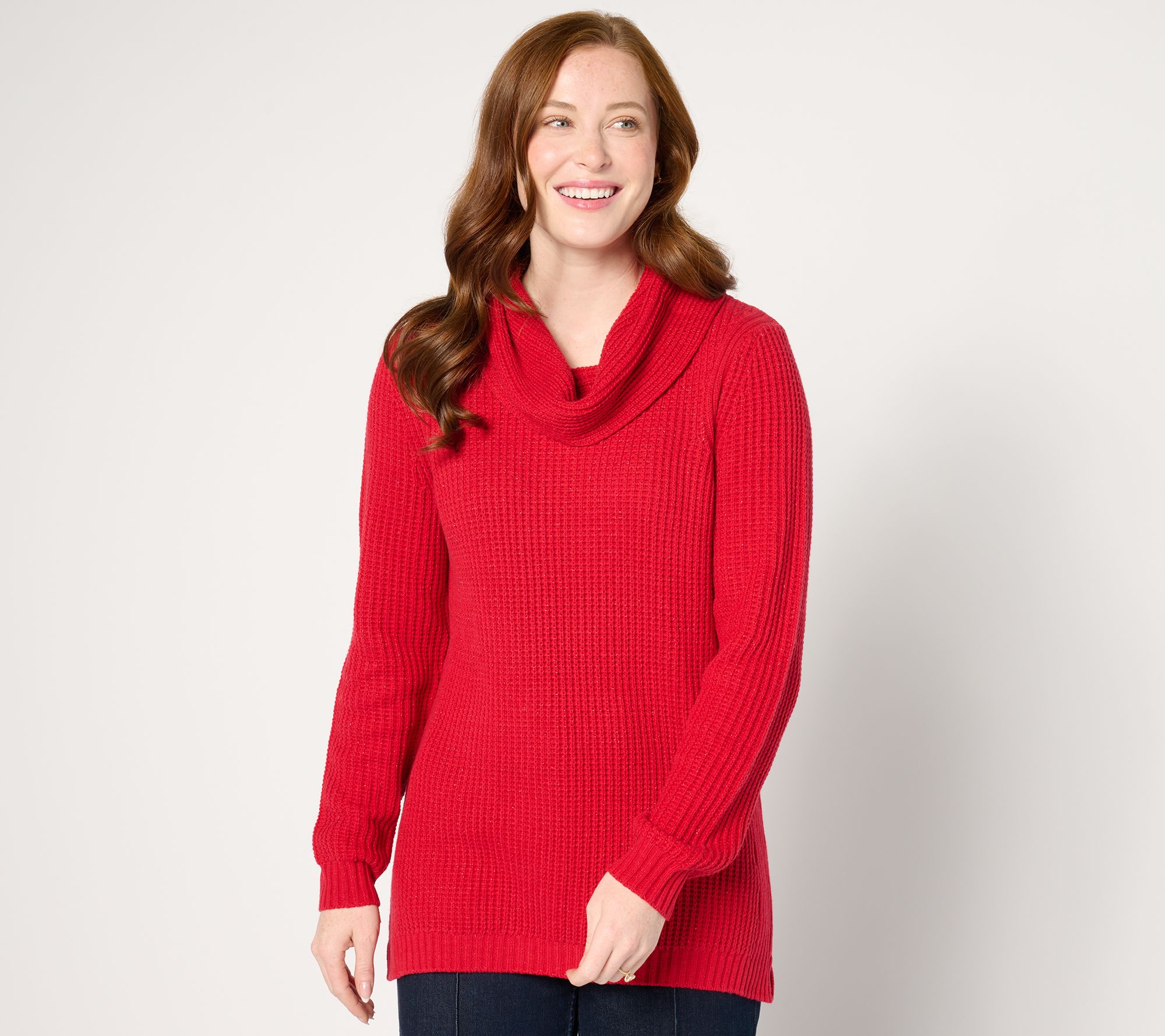 "As Is" Denim & Co. Lurex Waffle Cowl Neck Sweater